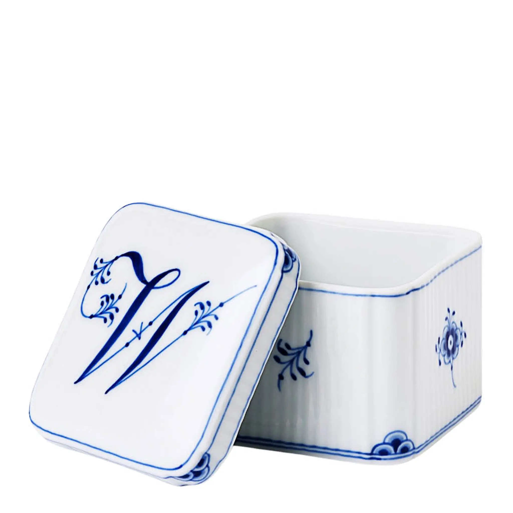 Royal Copenhagen Alphabet Collection firkantet bonbonniere W 13 cl blå/hvit
