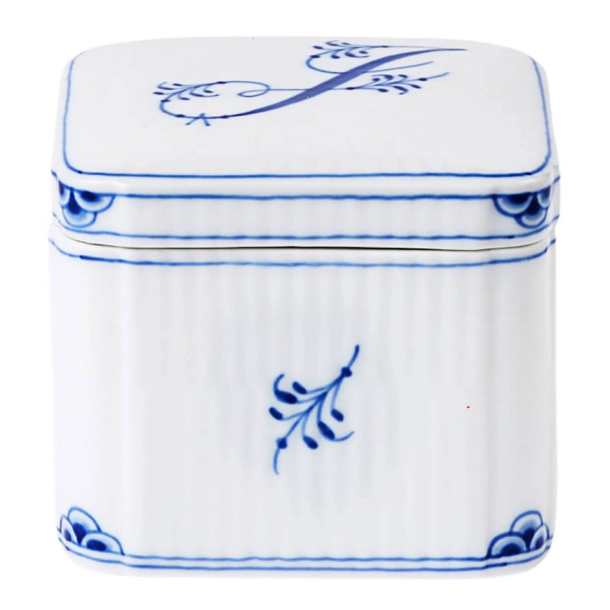 Royal Copenhagen Alphabet Collection firkantet bonbonniere J 13 cl blå/hvit