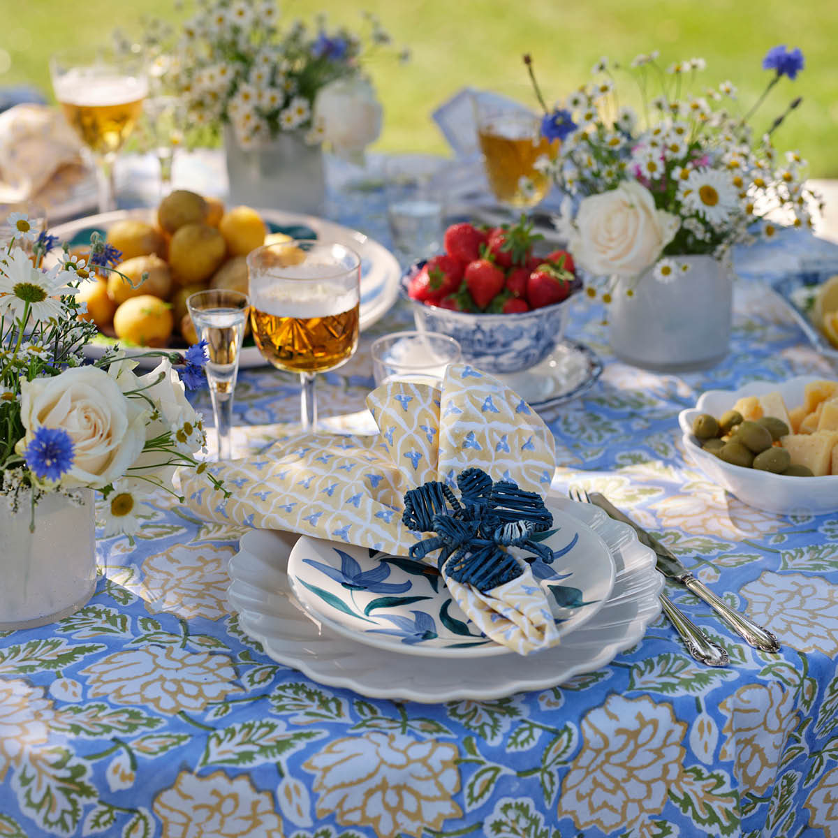 Chamois Tulip & Leaf servett 50x50 4-pack gul/blå