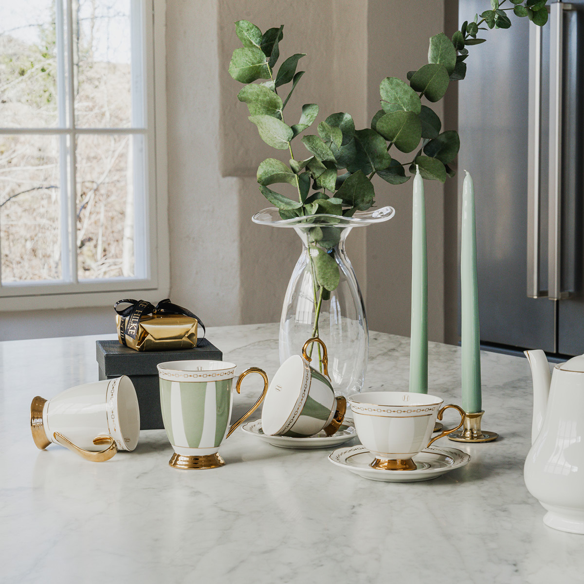 Hilke Strisce Salvia kopp med fat 22 cl grön