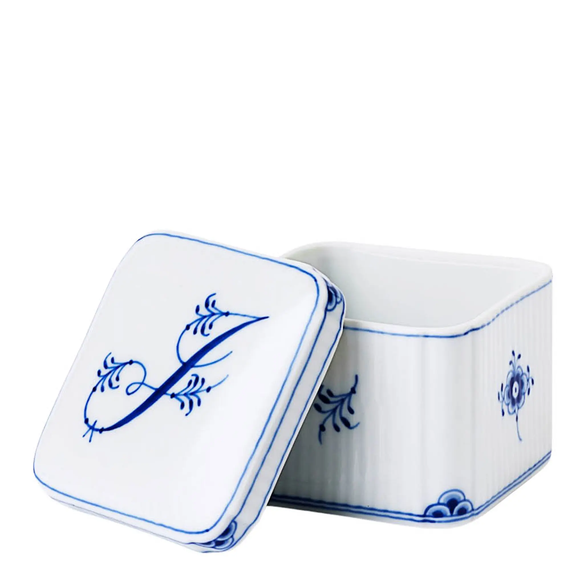 Royal Copenhagen Alphabet Collection firkantet bonbonniere J 13 cl blå/hvit