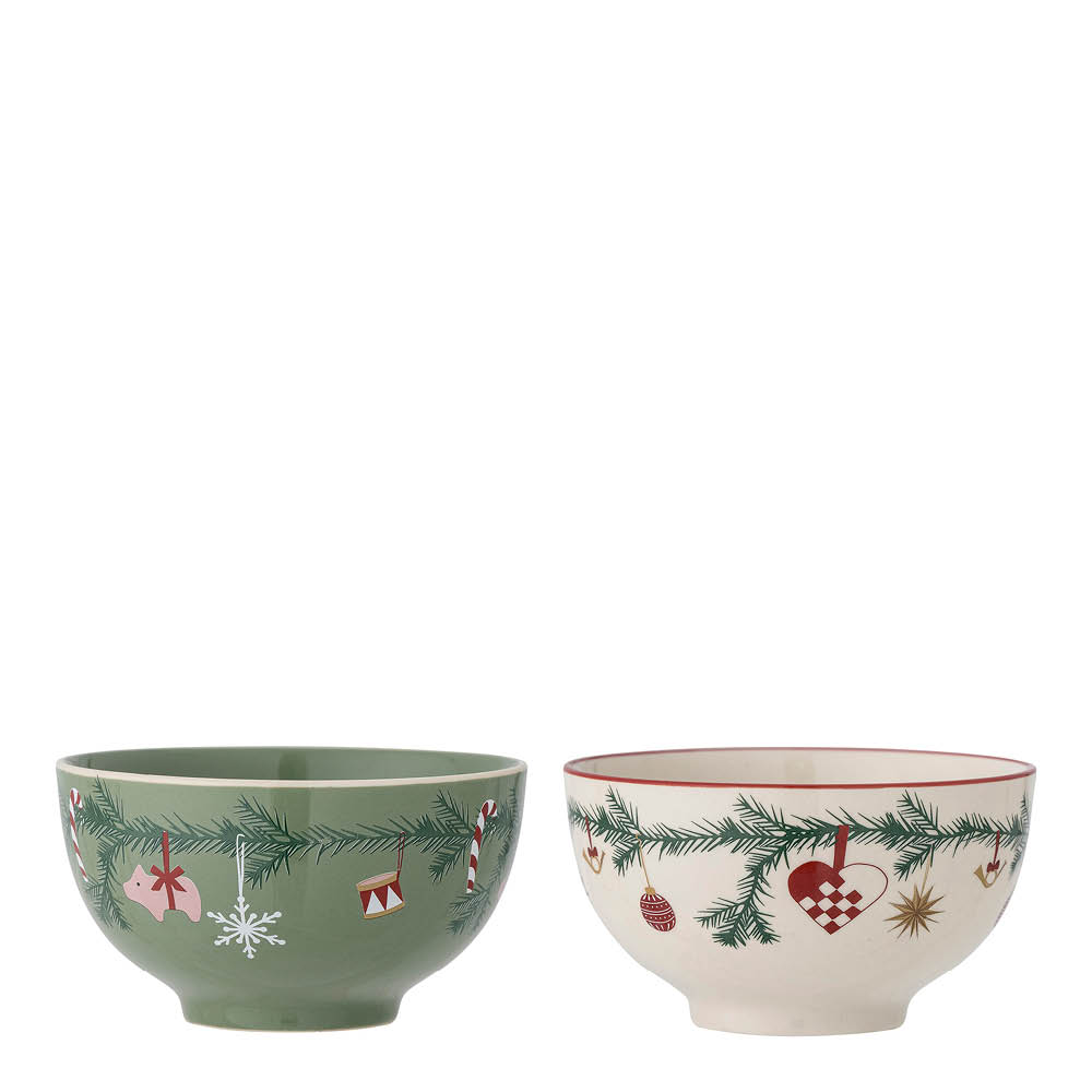 Bloomingville Yule skål 2 stk 50 cl natur/grønn julemotiv