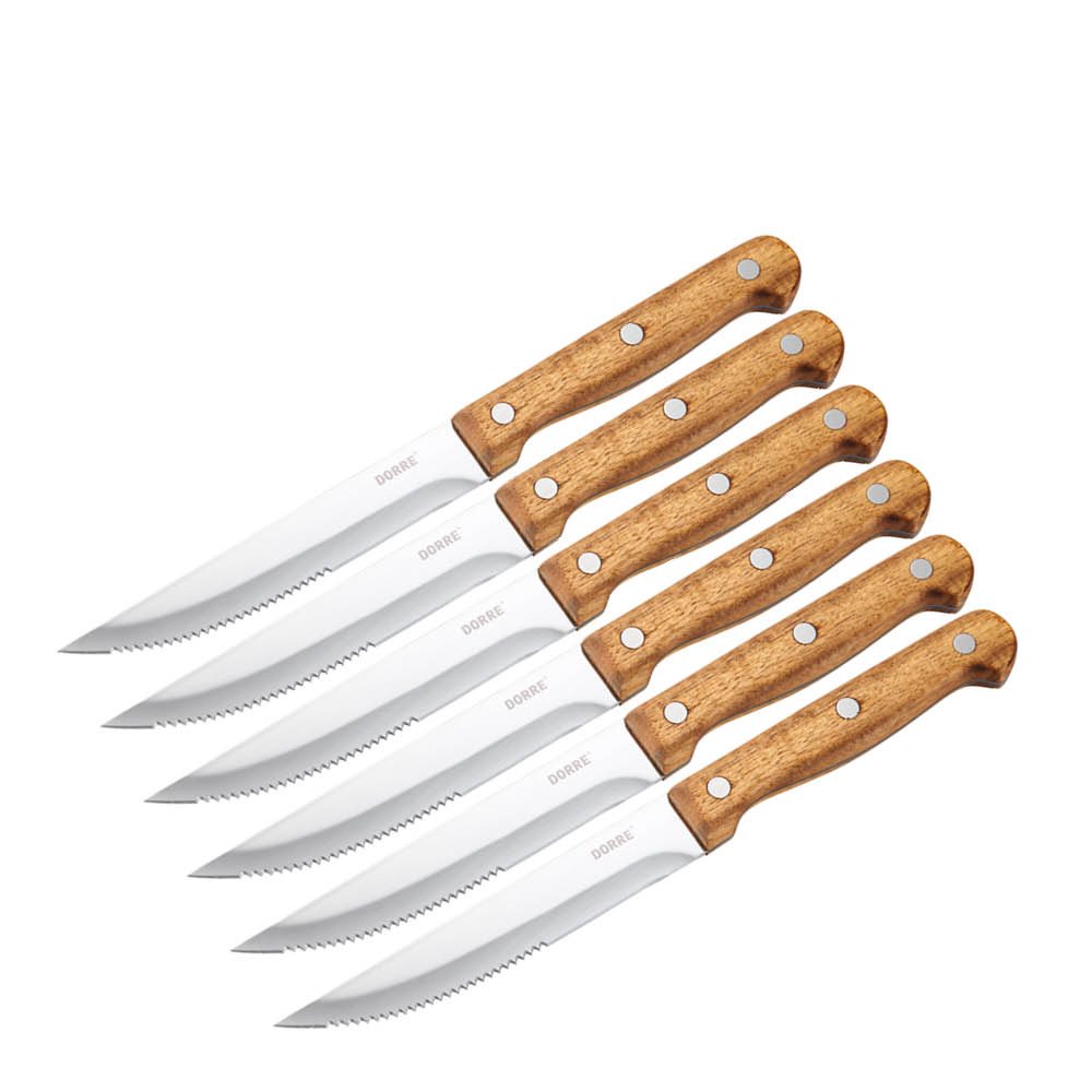 Dorre BBQ biffkniv 22,5 cm 6-pack stål/akacia