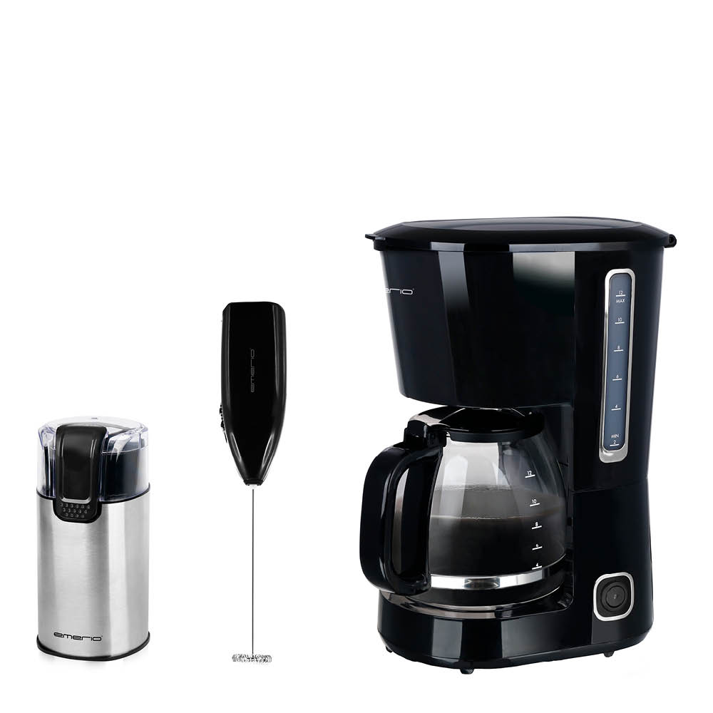 EMERIO Kaffeset kaffebryggare, mjölkskummare och kaffekvarn svart/rostfritt stål
