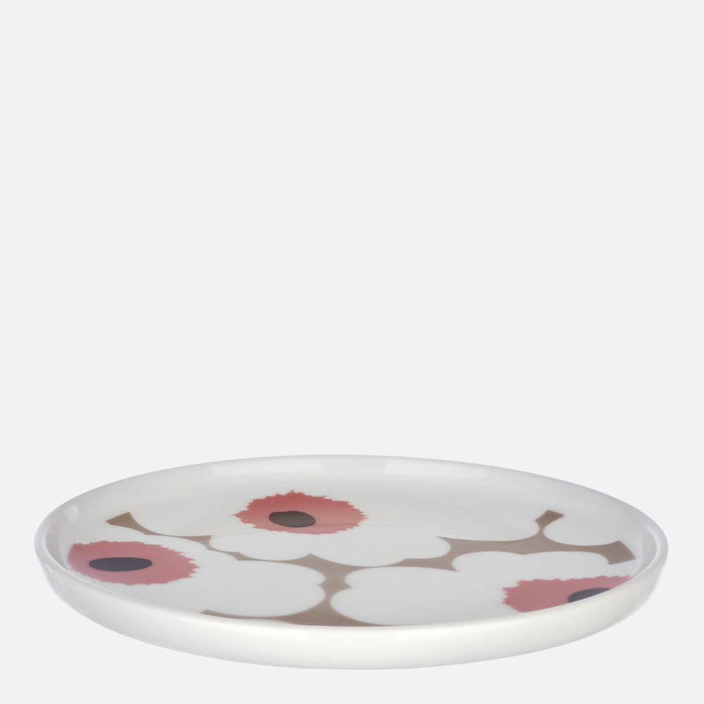 Marimekko Oiva Unikko asjett 13,5 cm hvit/beige/pudderrosa/vinrød