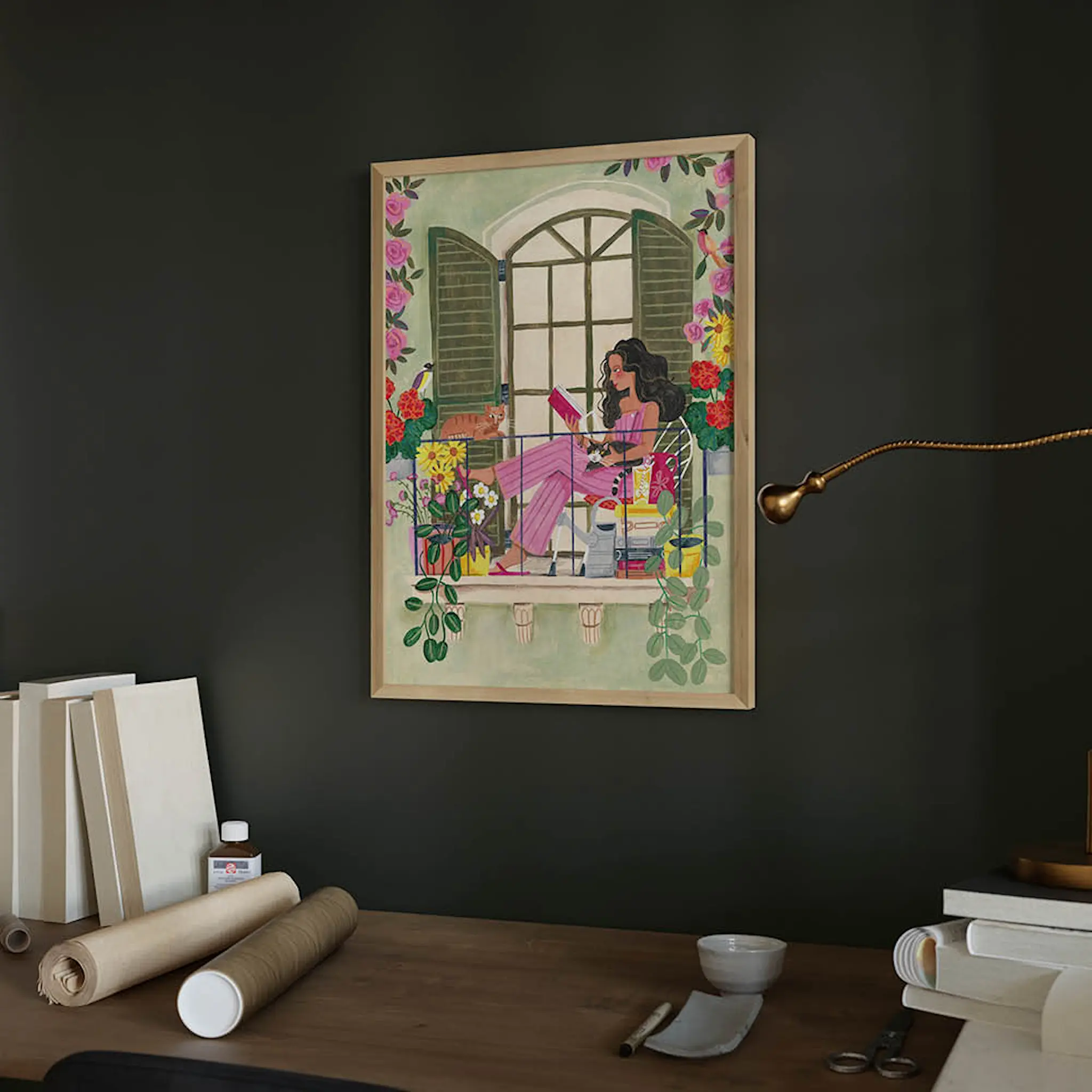 Poster & Frame Caroline Bonne Müller Juliste 30x40 cm Woman reads on balcony with cats