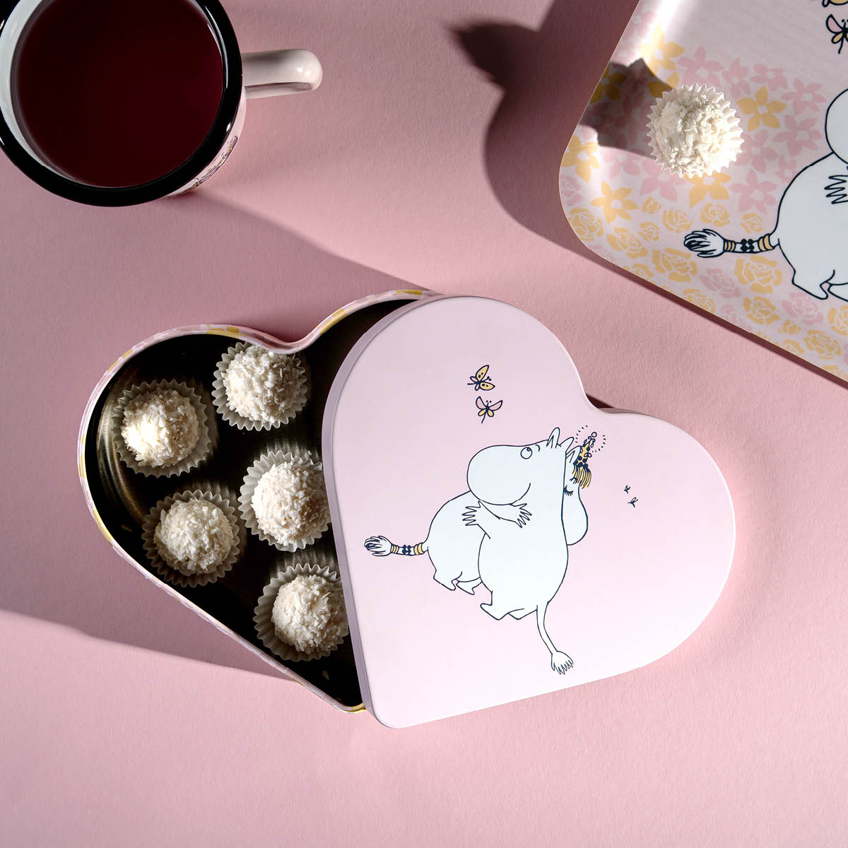 Muurla Mumin plåtburk hjärtformad Kram 18x14,5 cm rosa