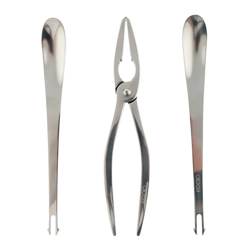 Skalldyrsett med gaffel og tang 3 deler stål