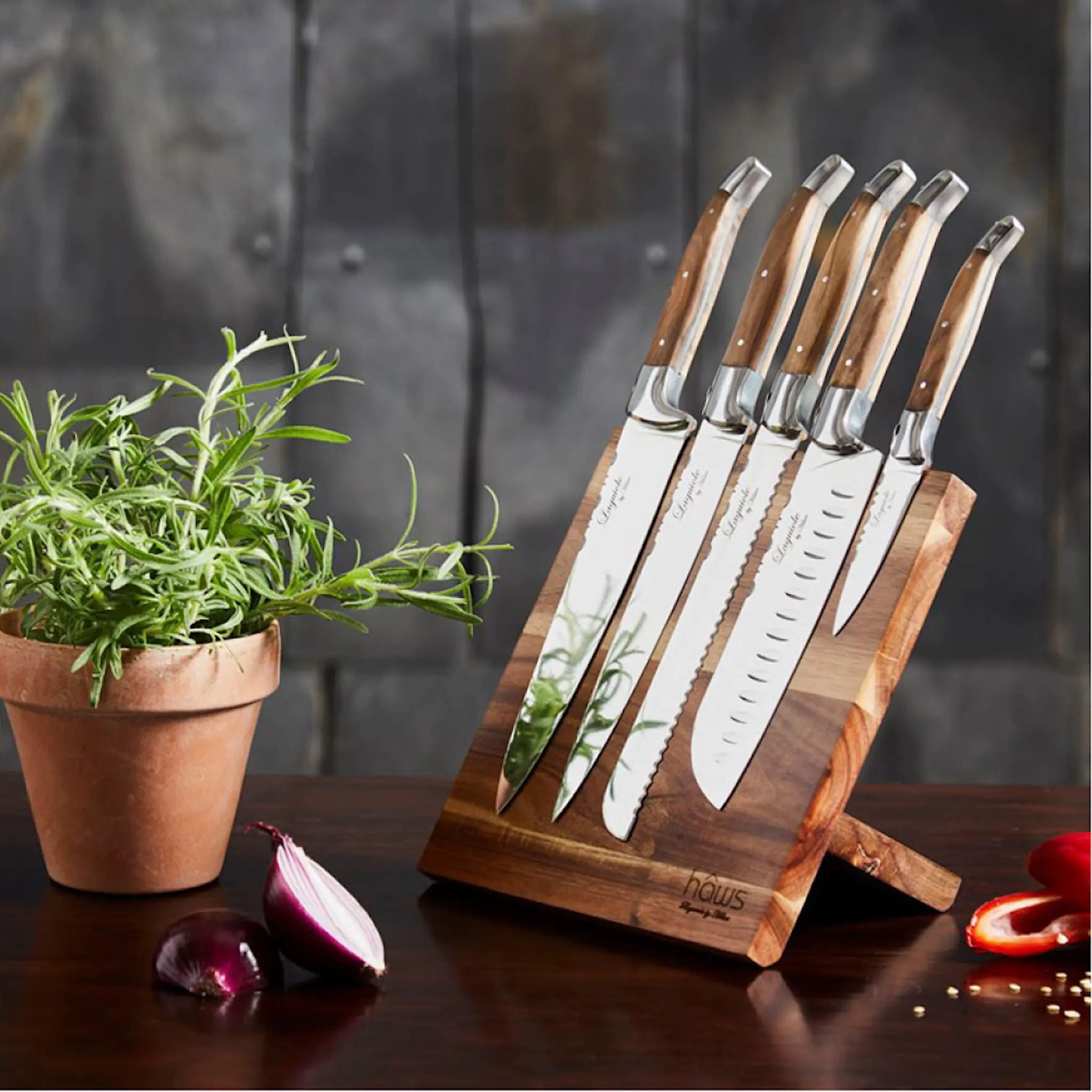 Laguiole by Hâws Knivset 5 delar + magnetiskt knivblock olivträ