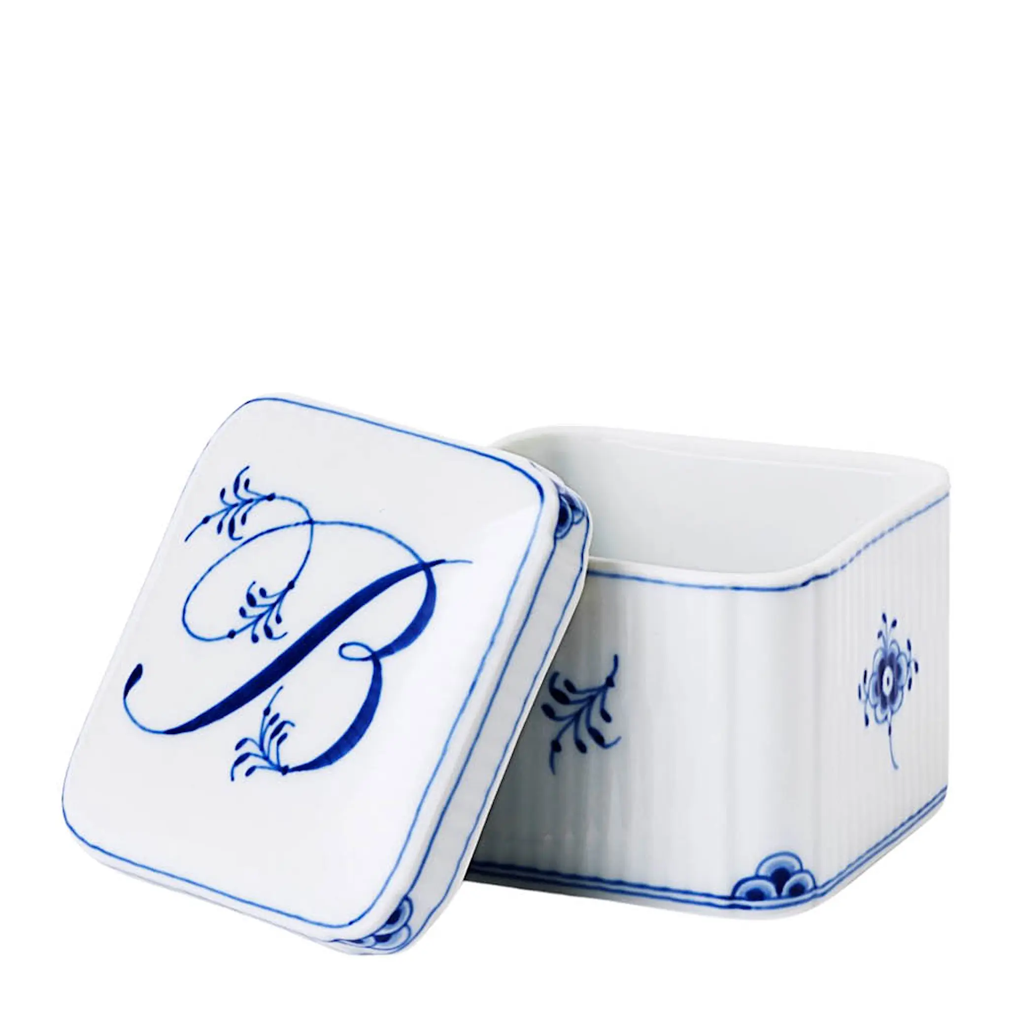 Royal Copenhagen Alphabet Collection firkantet bonbonniere B 13 cl blå/hvit