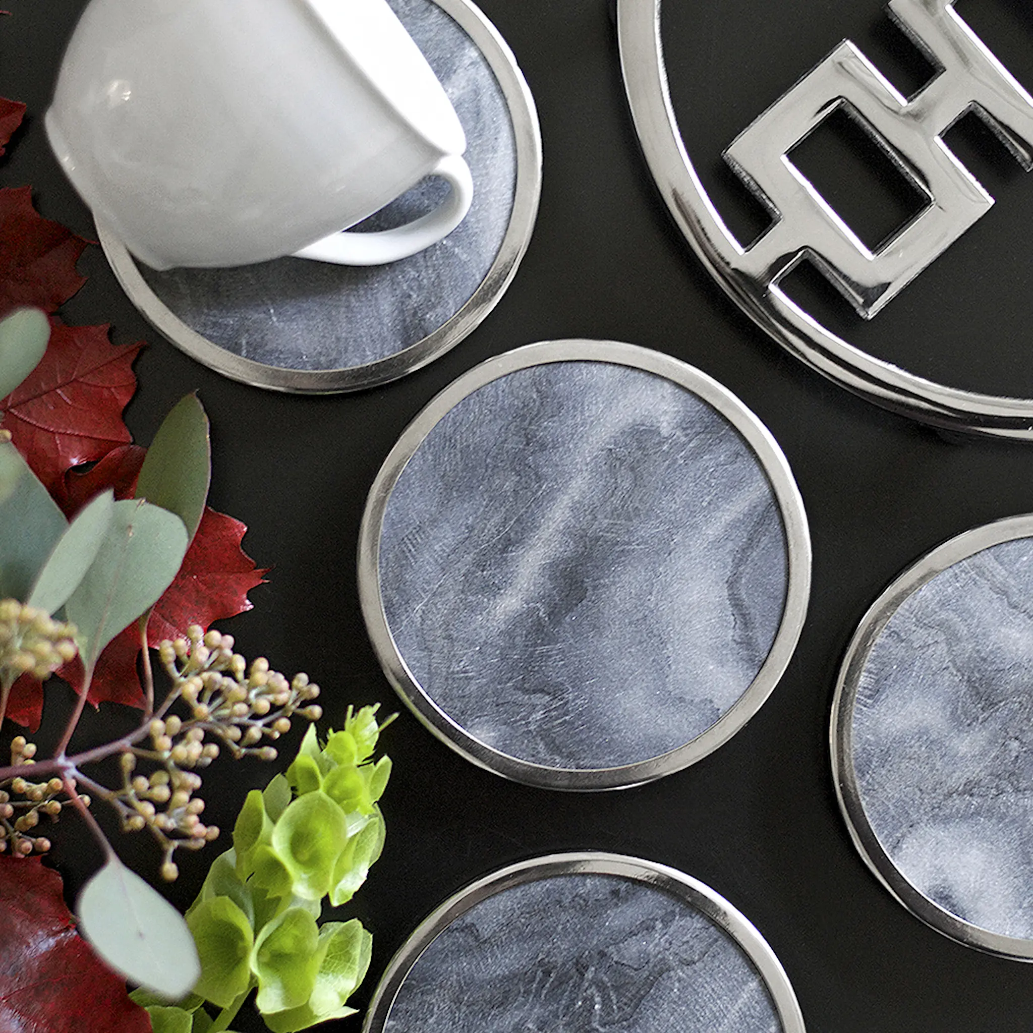 Hilke Glasunderlägg Marmor 4-pack Grå/Förnicklad Mässing
