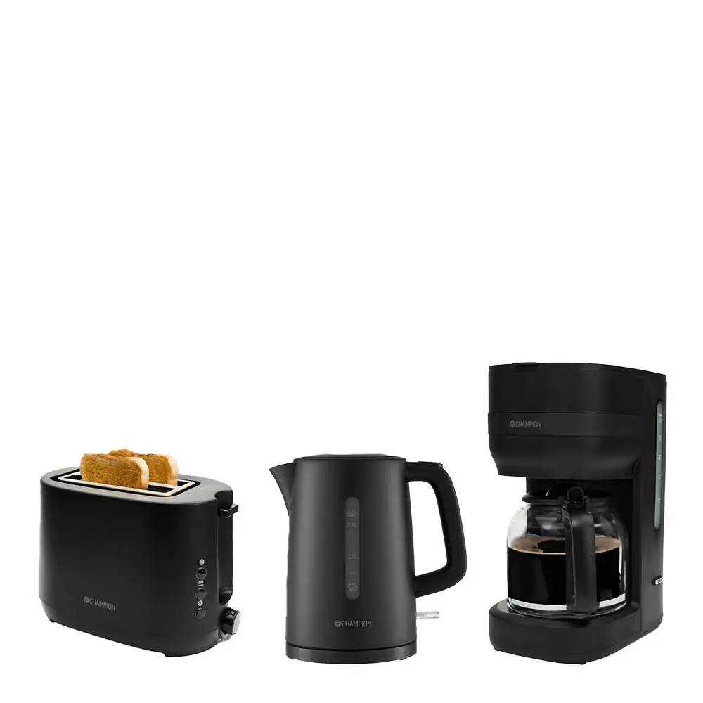 Aamiaissetti sisältäen vedenkeittimen, leivänpaahtimen ja kahvinkeittimen musta