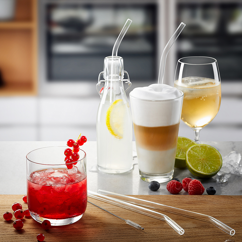 Gefu Future Sugrör böjda Glas 4-pack + Rengöringsborste Klar