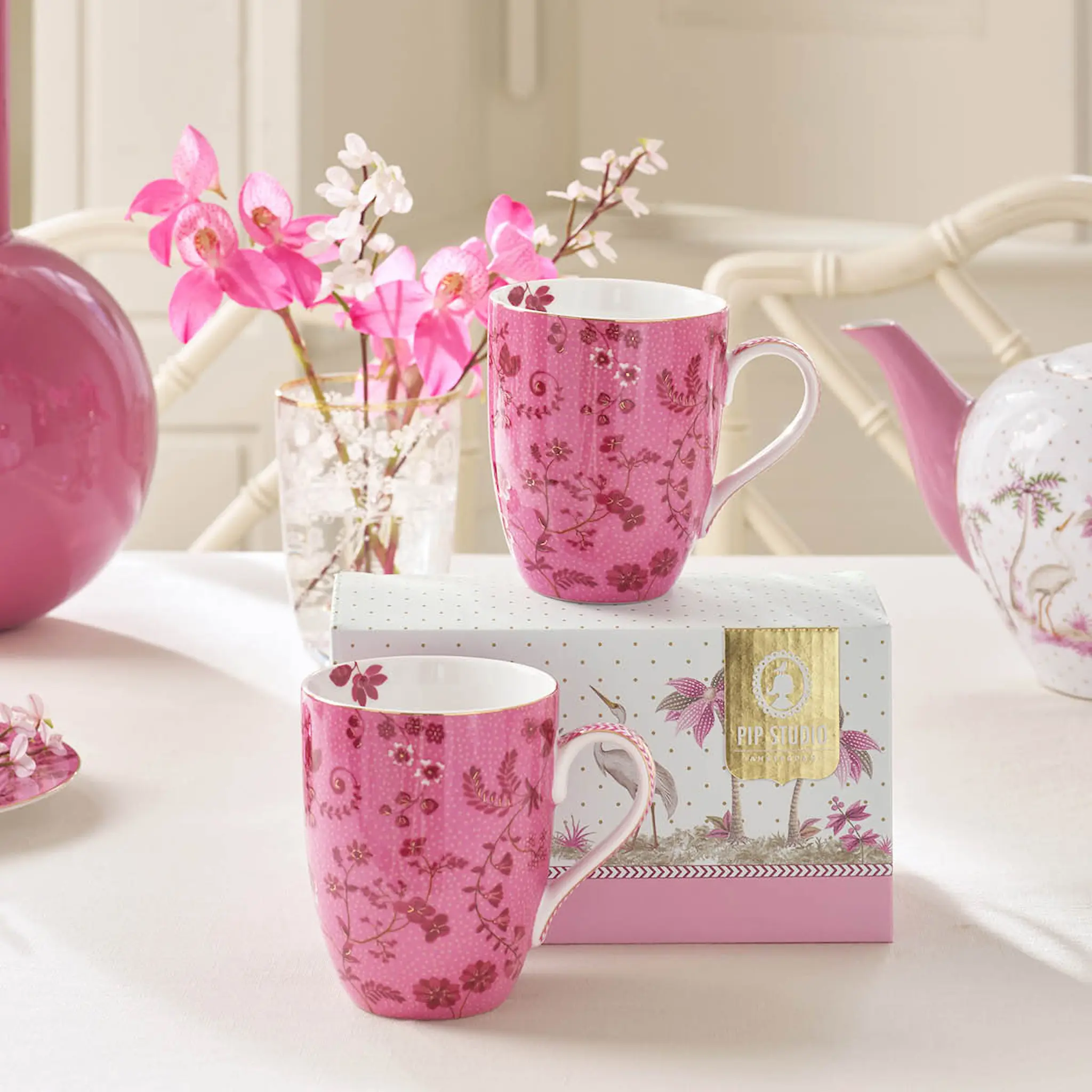 Pip Studio Jolie Flowers stor mugg 36,5 cl 2-pack rosa