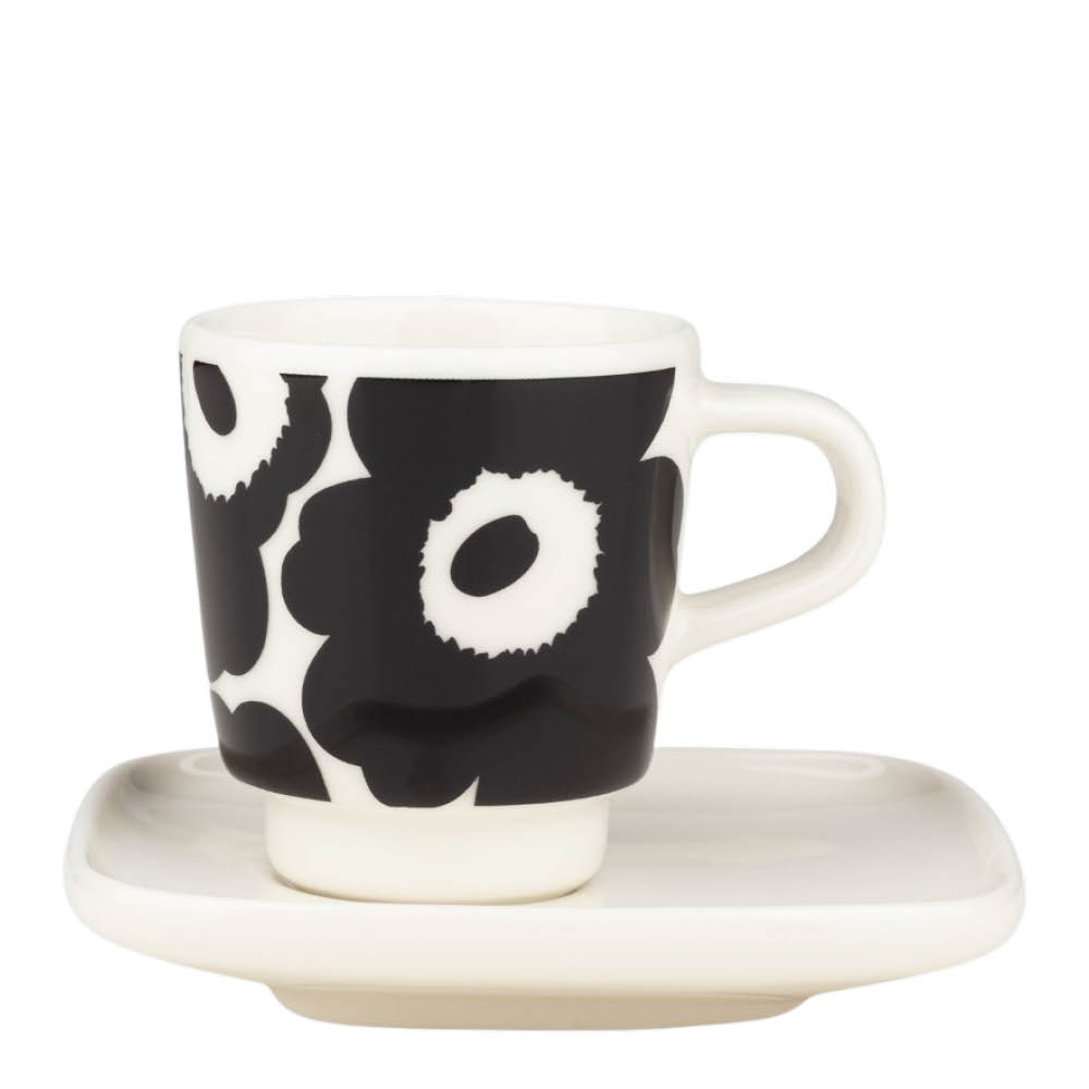 Marimekko Oiva Unikko espressokopp 5 cl med fat svart/hvit