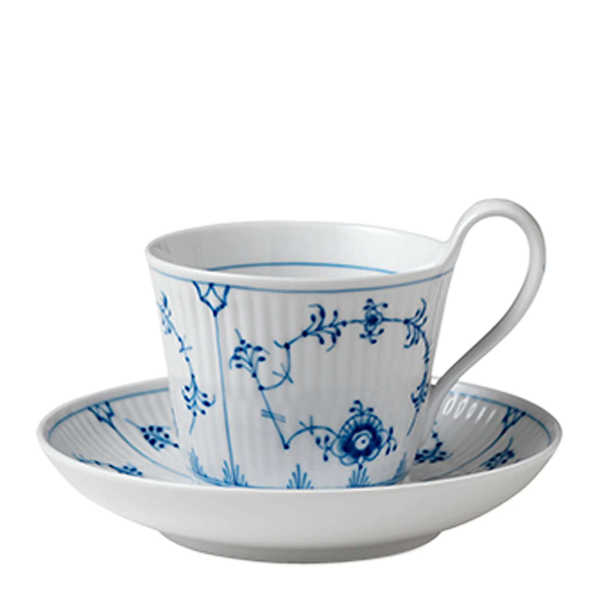 Royal Copenhagen Blue Fluted Plain kaffekopp med fat 24 cl högt handtag