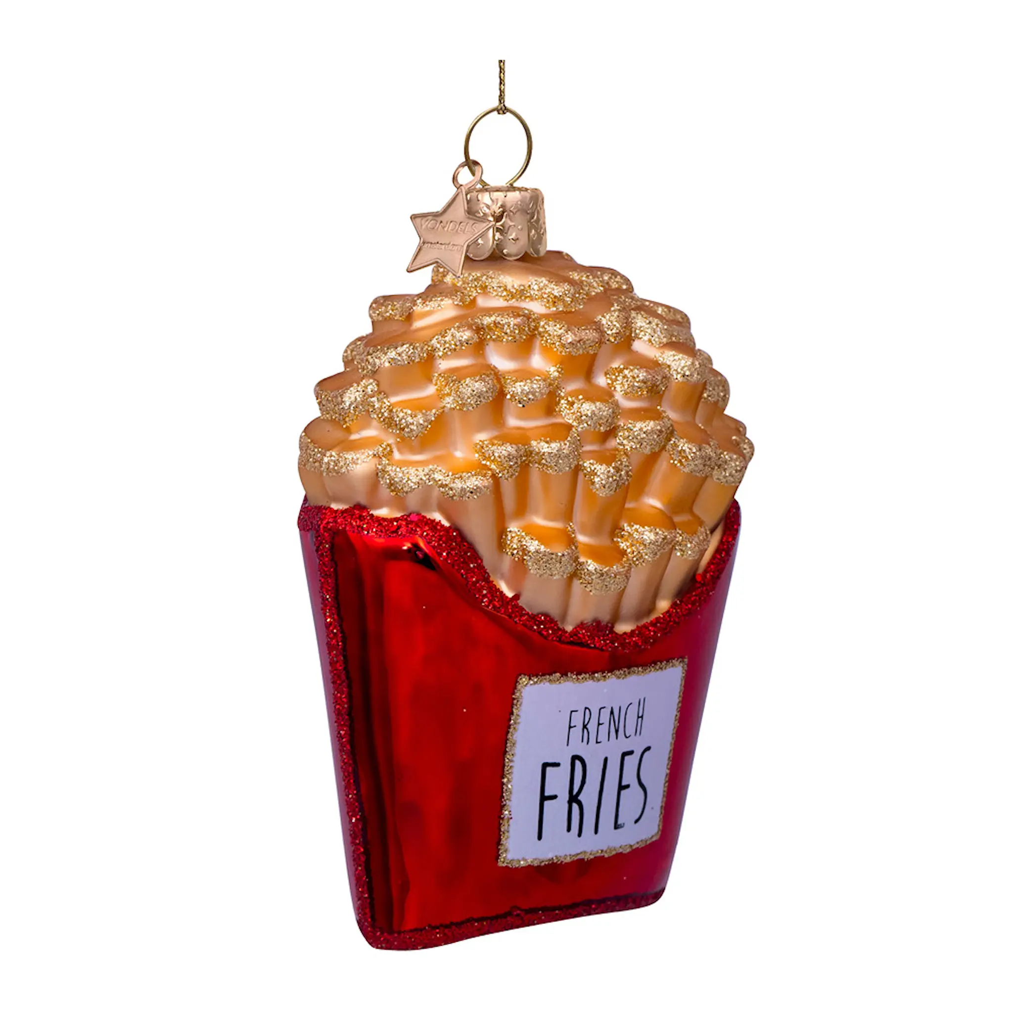 Vondels Wine & Dine julhänge i glas 10 cm Pommes frites gul