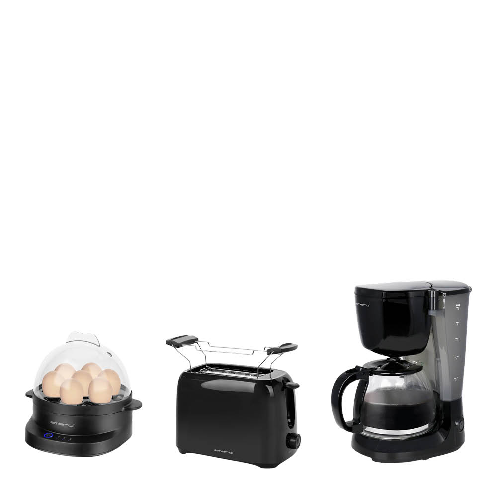 EMERIO Aamiaissetti: Kahvinkeitin + Leivänpaahdin + Munakeitin Musta