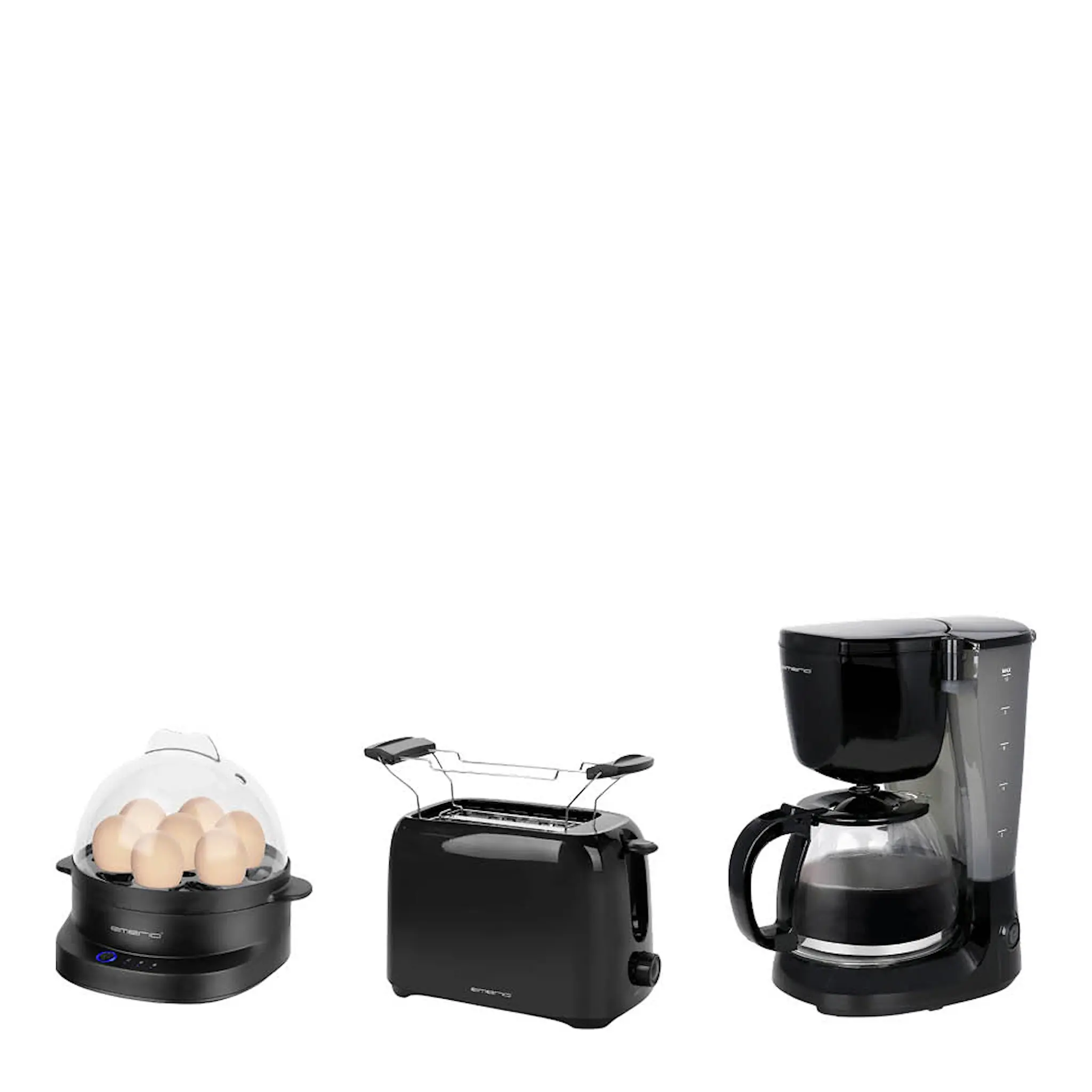EMERIO Frokostset kaffebryggare, brödrost och äggkokare svart