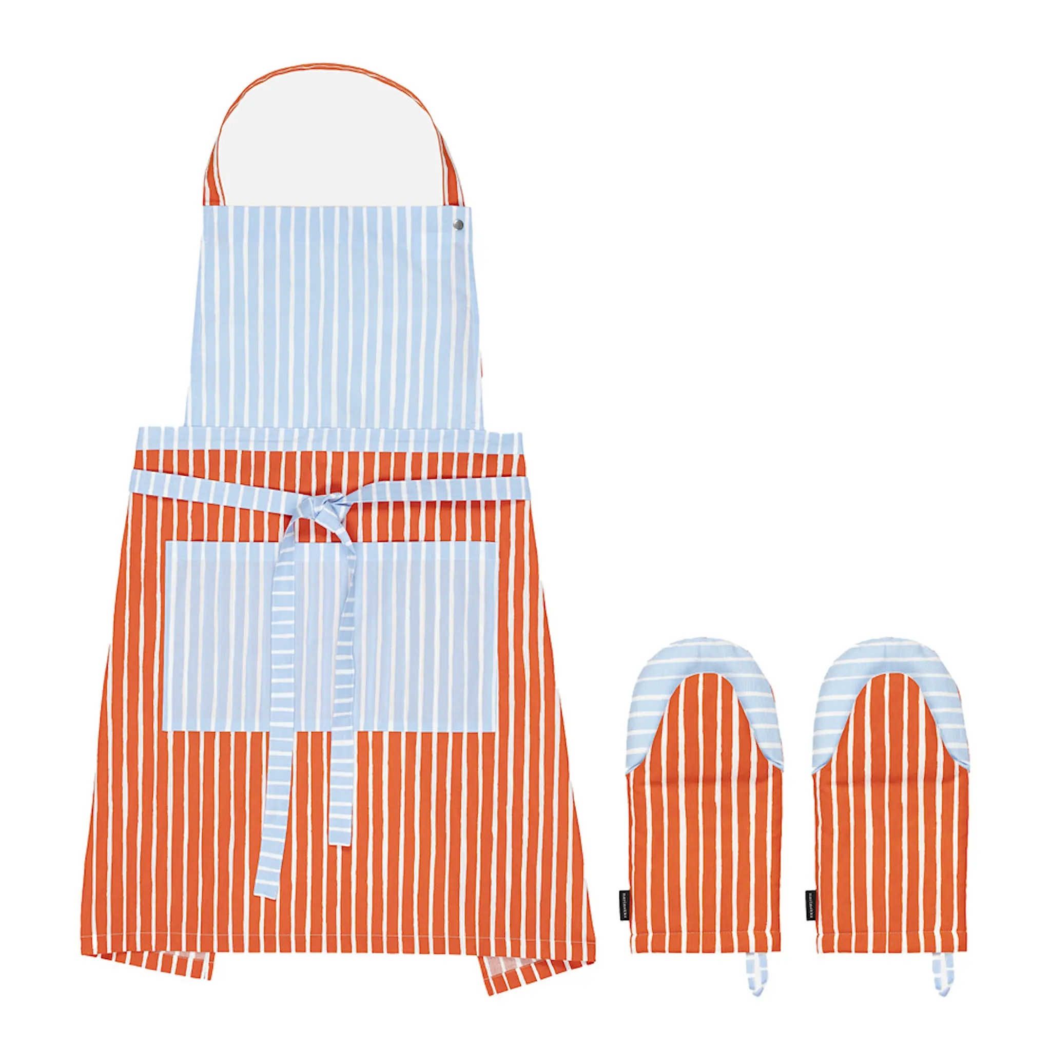 Marimekko Piccolo förkläde och ugnsvantar vit/tomatröd/blå
