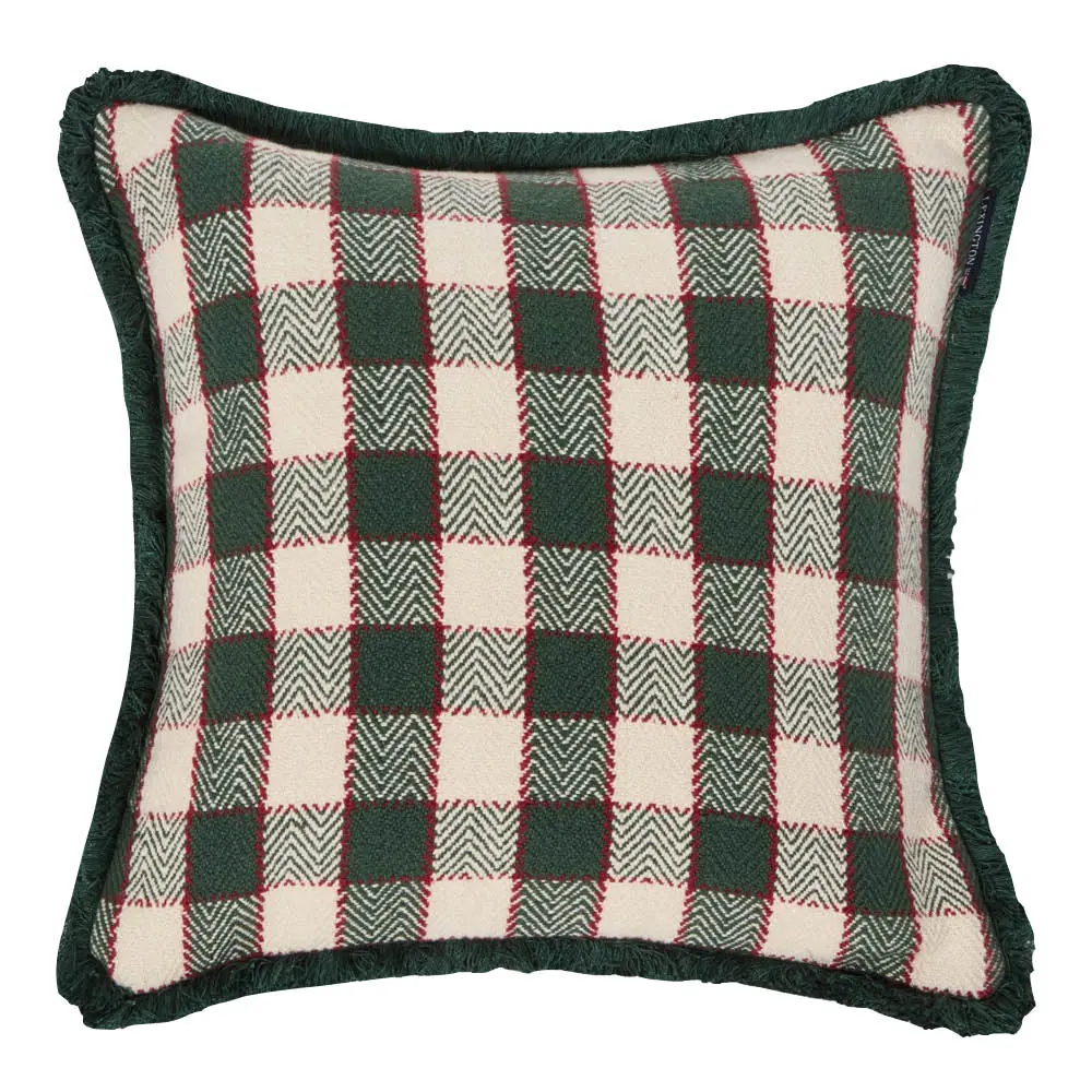 Ruudullinen hapsullinen tyynynpäällinen 50x50 cm vihreä/vaaleabeige/punainen