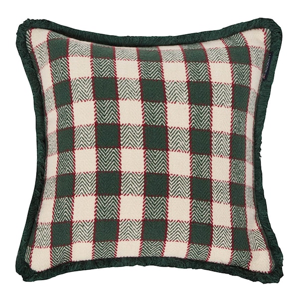 Kuddfodral med fransar 50x50 cm rutig grön/ljusbeige/röd