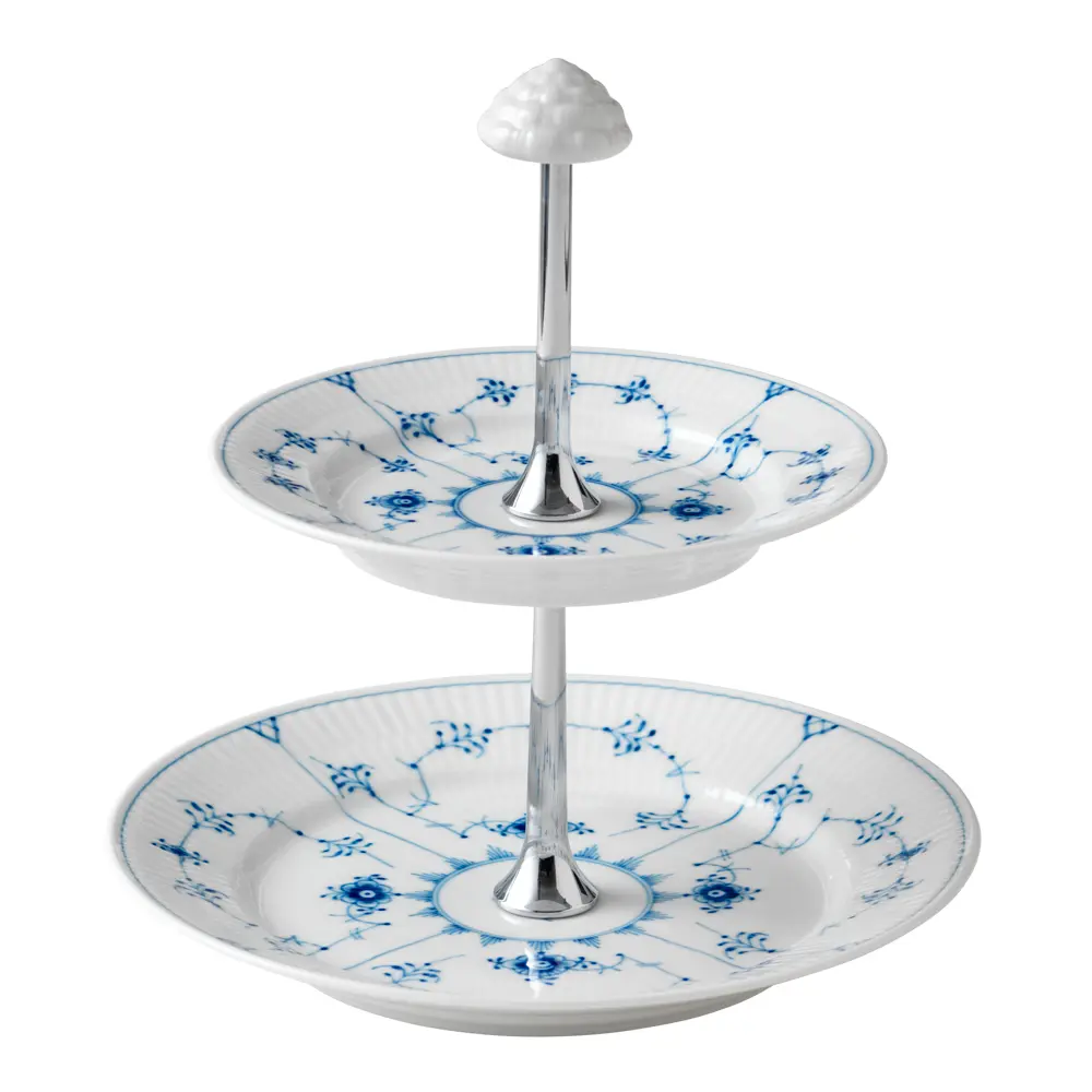 Musselmalt Riflet etasjefat 24 cm hvit/blå