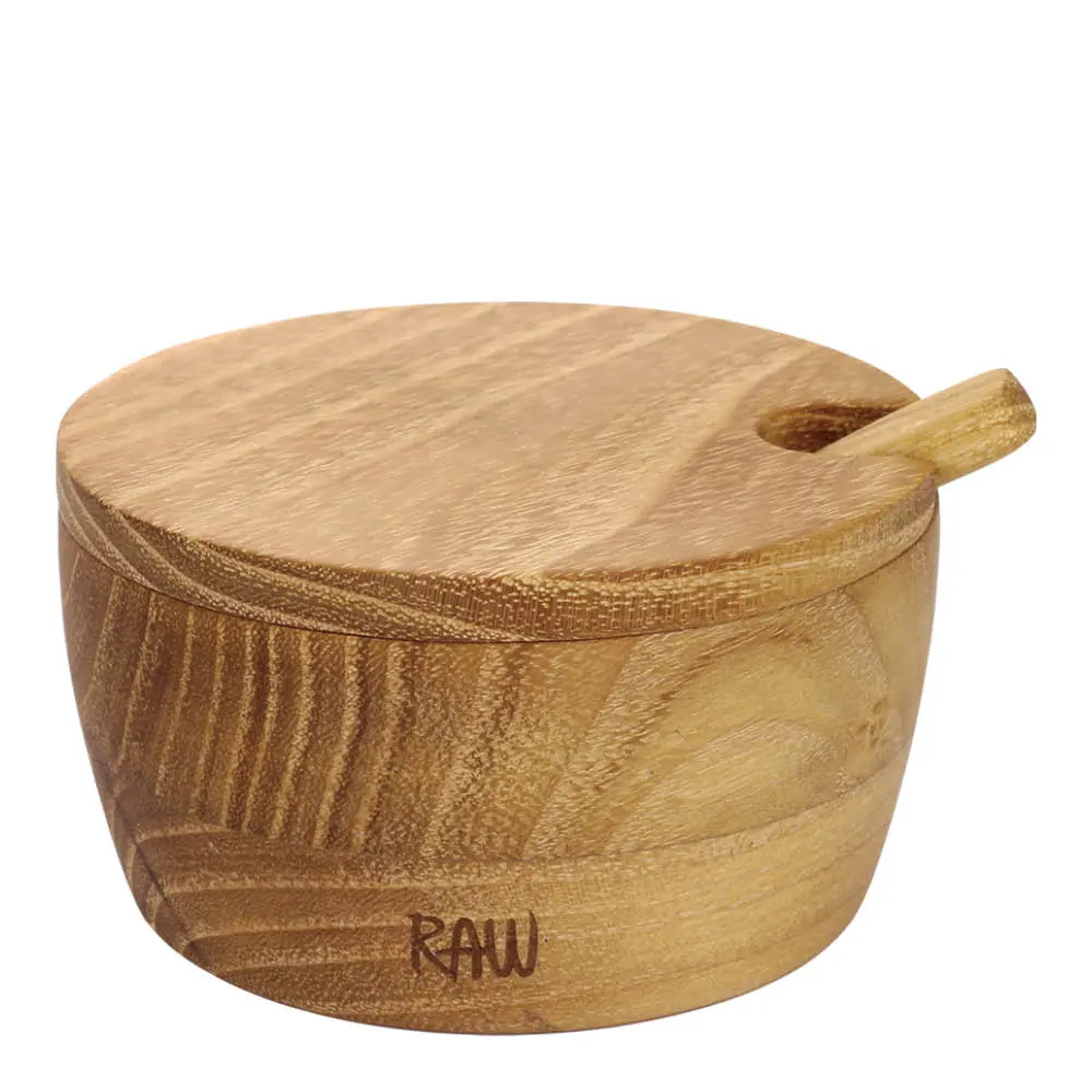RAW Teak saltkar med lokk og skje 4 cm