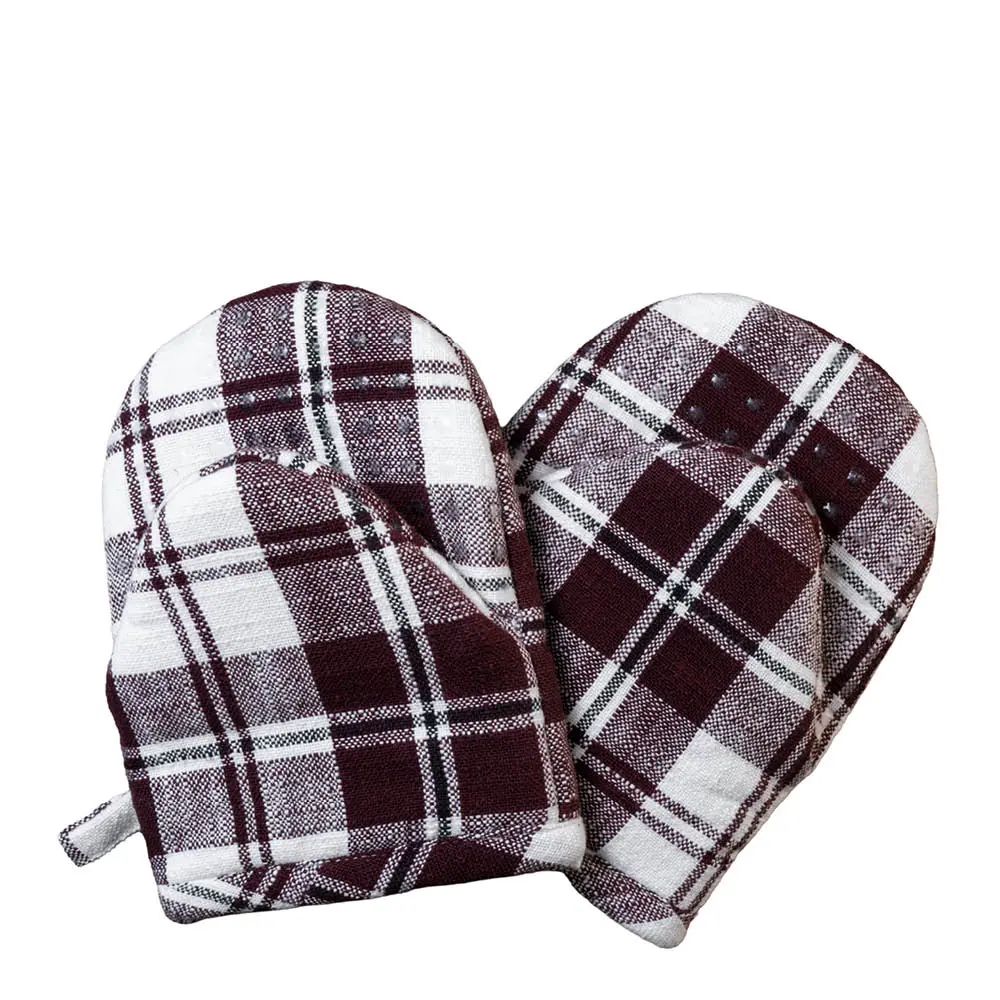Home grytehanske 2 stk bomull burgunder/beige/svart