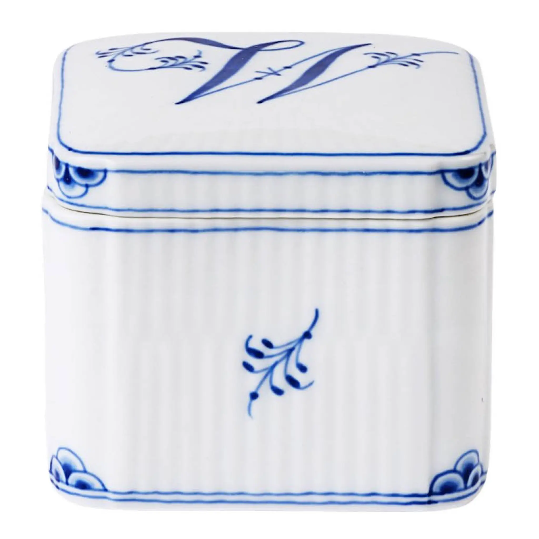 Royal Copenhagen Alphabet Collection firkantet bonbonniere W 13 cl blå/hvit