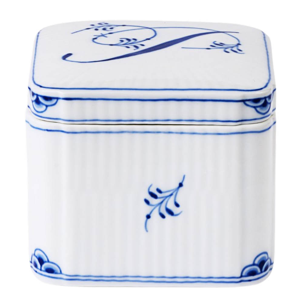 Royal Copenhagen Alphabet Collection firkantet bonbonniere P 13 cl blå/hvit