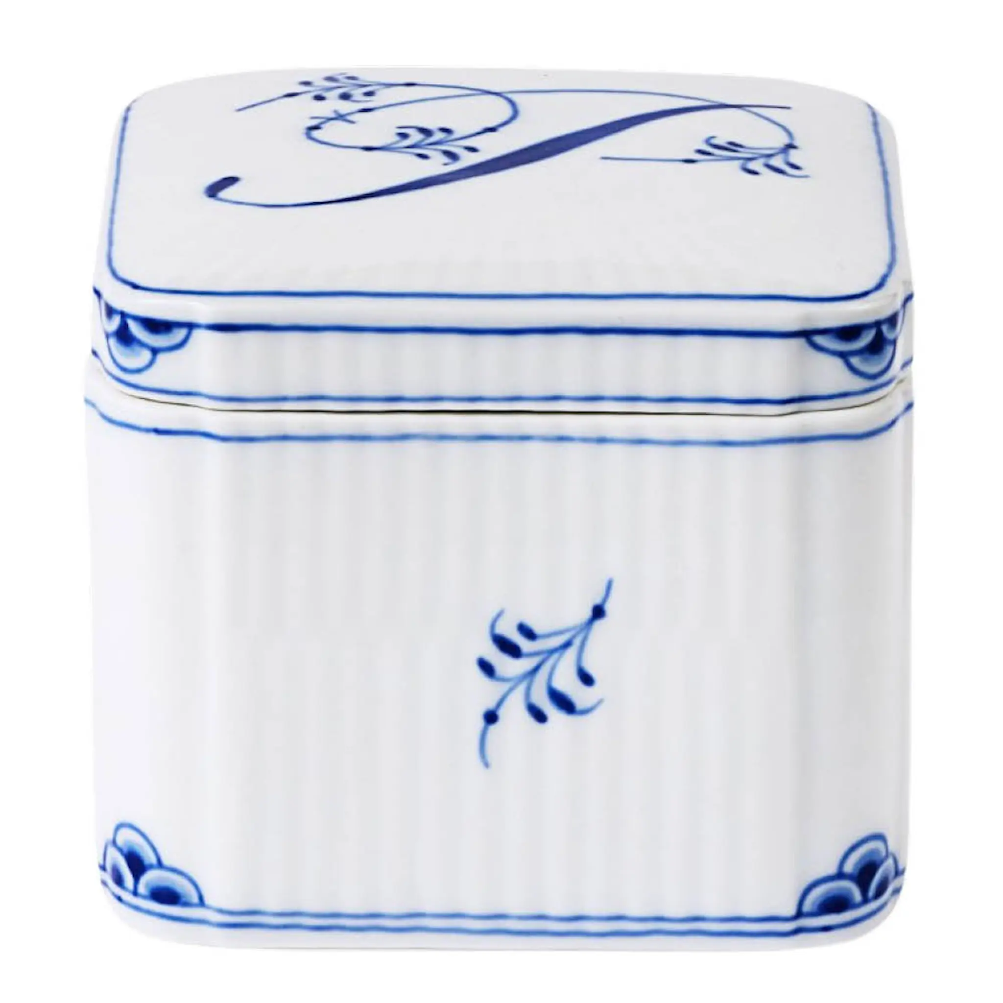 Royal Copenhagen Alphabet Collection firkantet bonbonniere P 13 cl blå/hvit