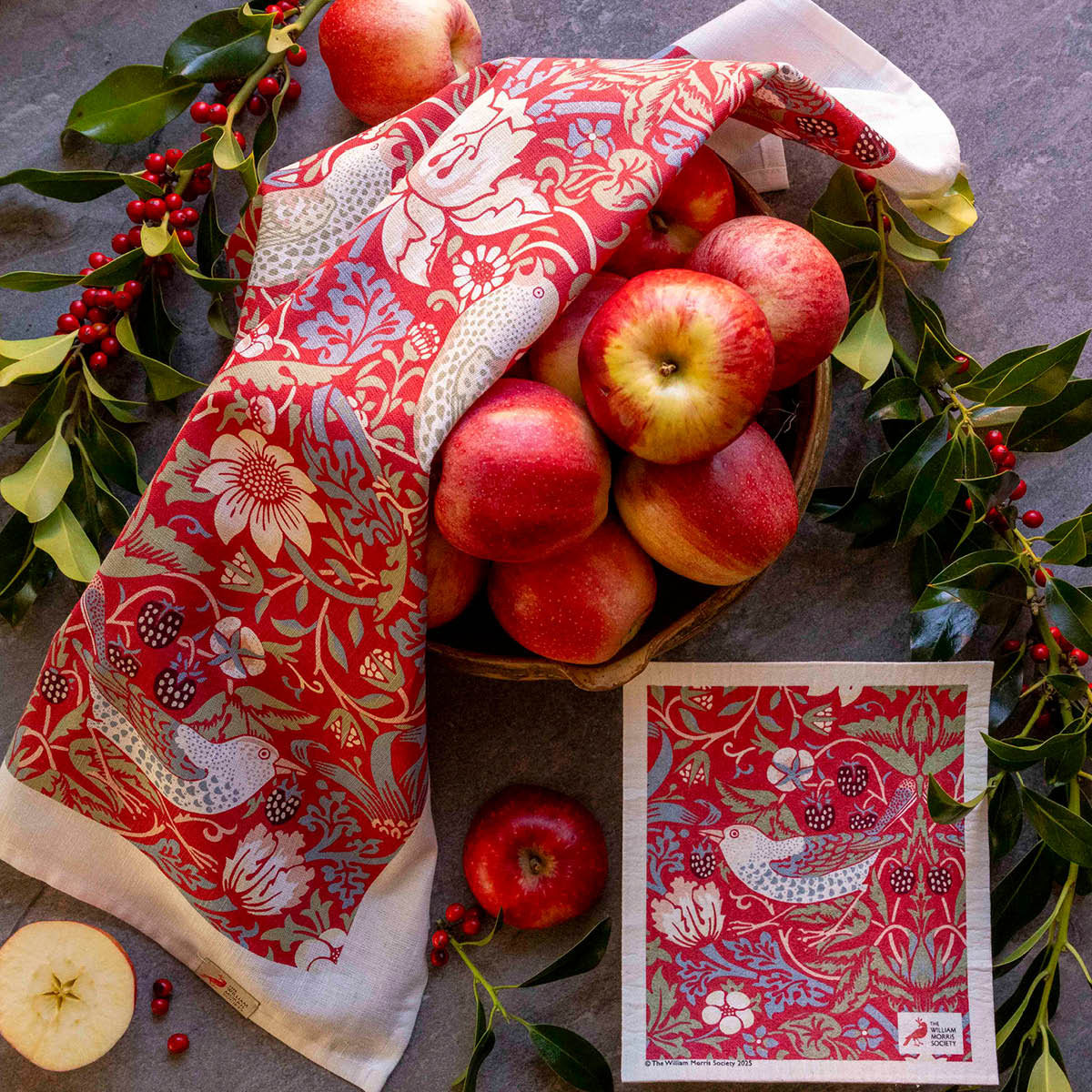 Citronelles William Morris kökshandduk & disktrasa med band Strawberry Thief röd