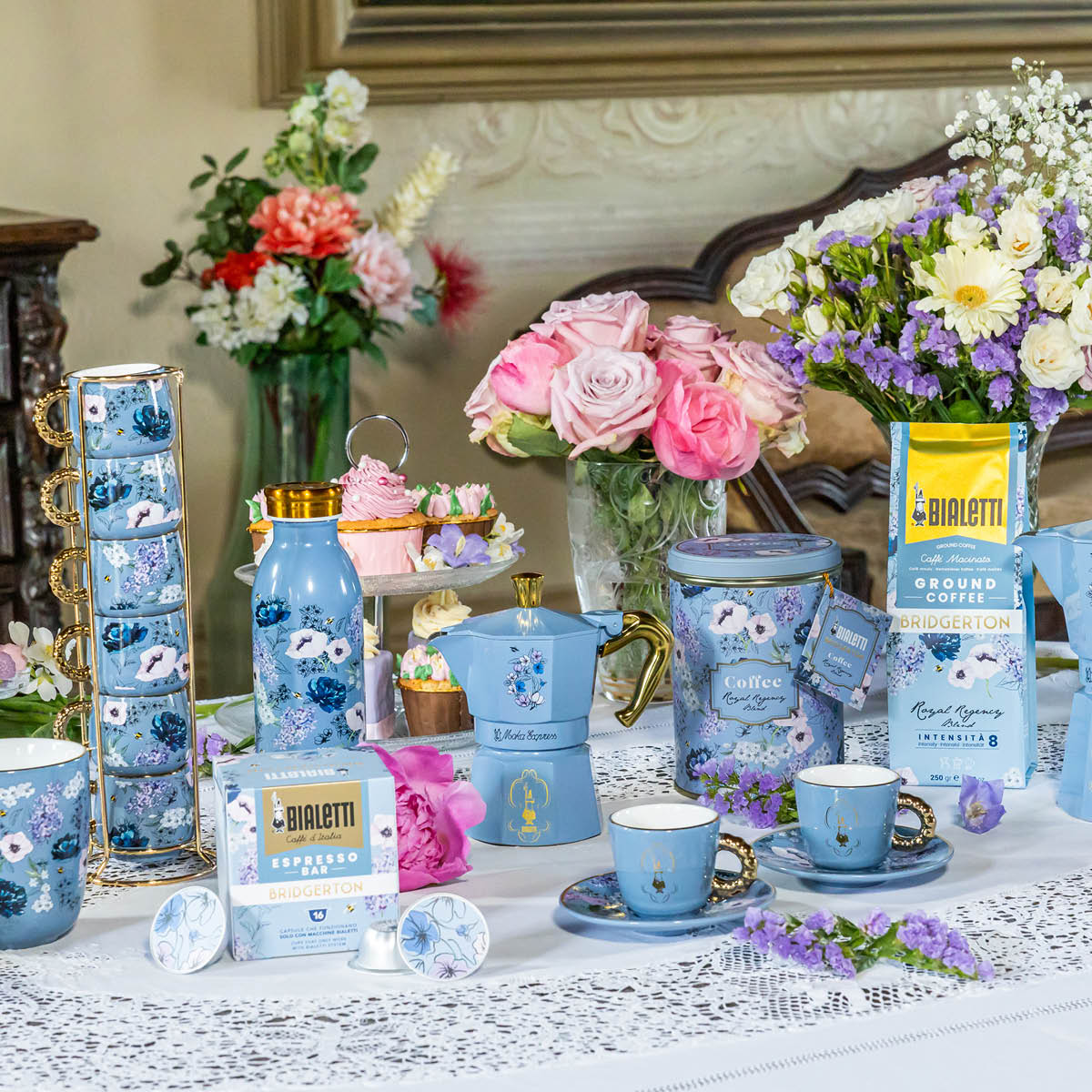 Bialetti Bridgerton espressokopp 6 cl 6-pack med ställ blå/guld