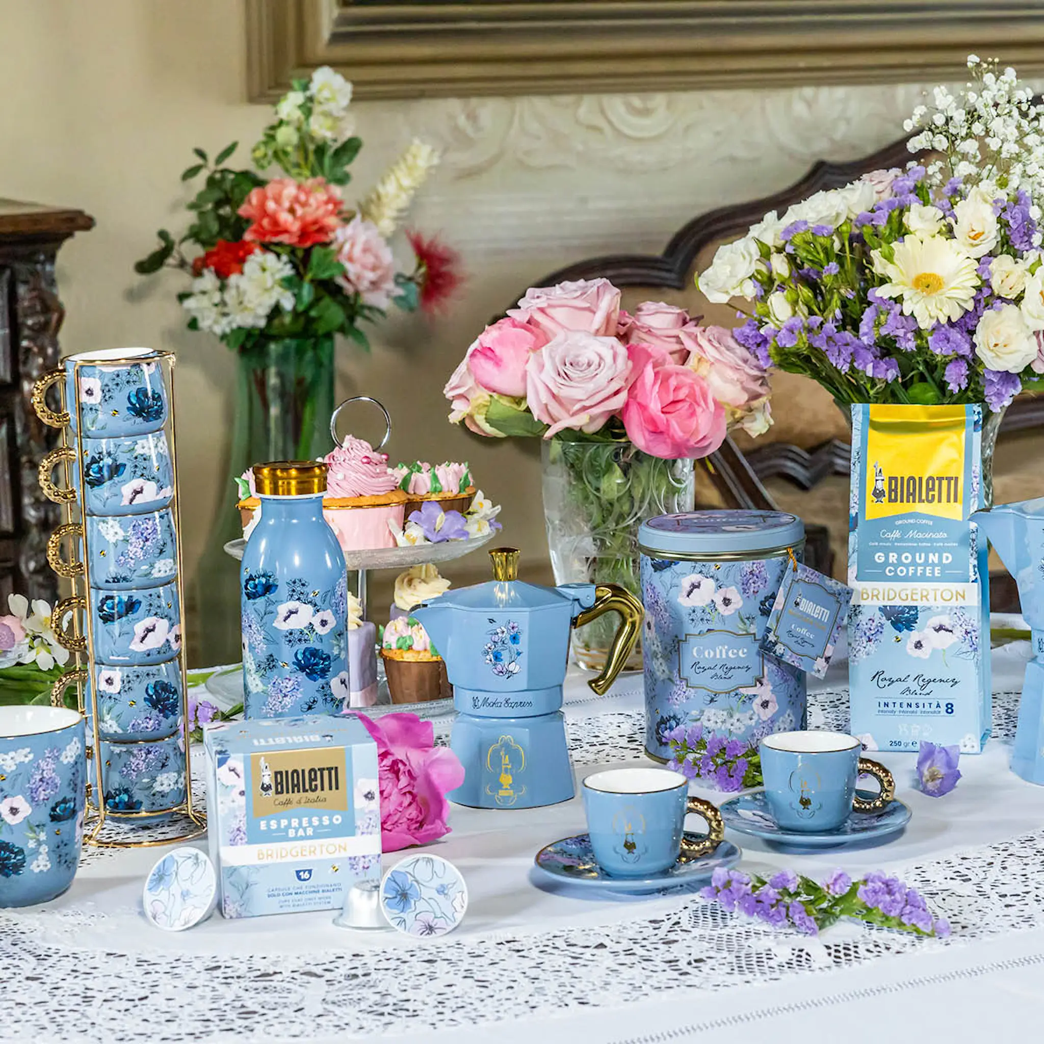 Bialetti Bridgerton espressokopp 6 cl 6 stk med stativ blå/gull