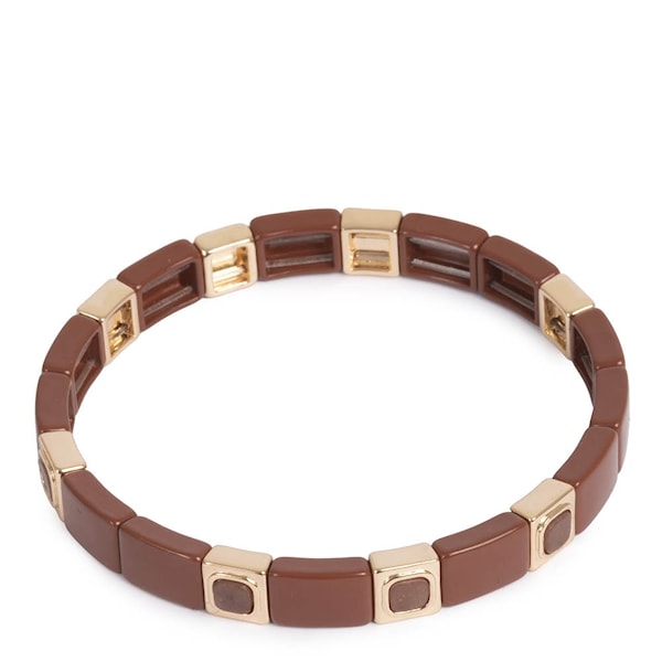 Enamel Tiles elastiskt armband 18,5 cm guld/ljusbrun