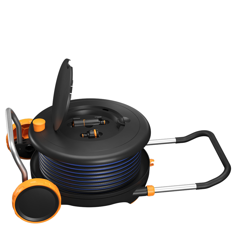 Fiskars Comfort slangetrommel med slange 13mm 20m svart/oransje