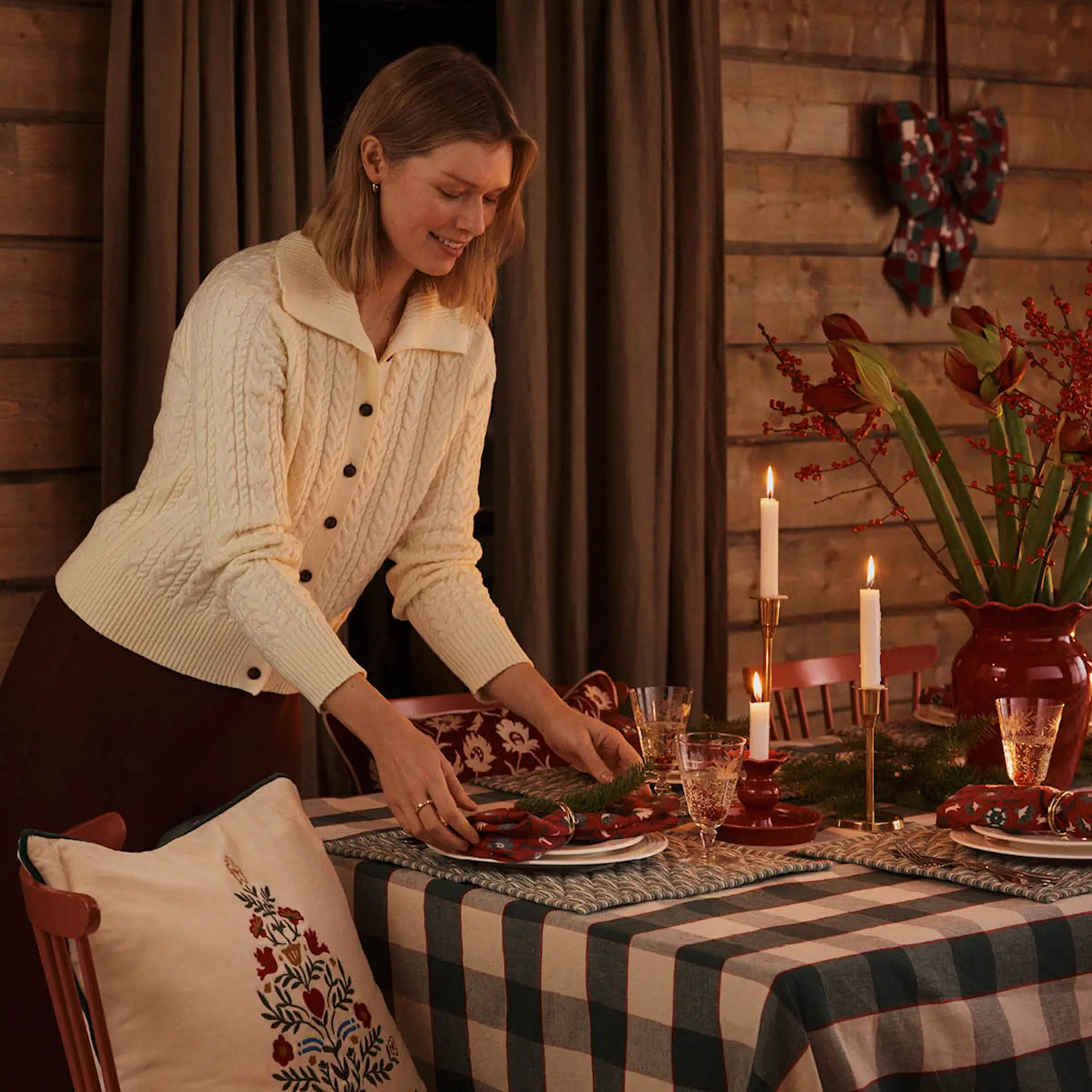 Lexington Duk linne/bomull 150x350 cm rutig grön/ljusbeige/röd