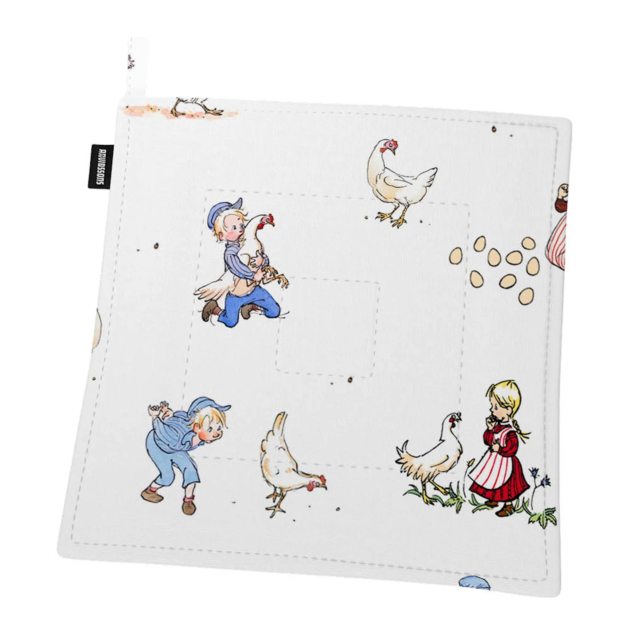 Arvidssons Emil & Ida i hönsgården grytlapp 22x22 cm offwhite