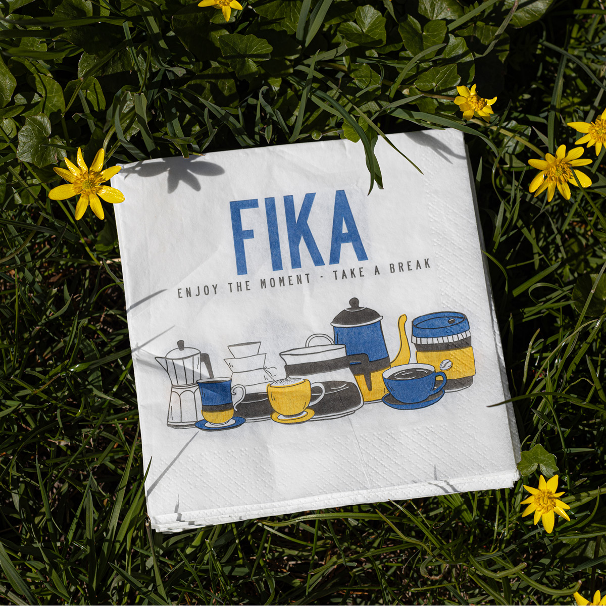 Citronelles Fika serviett 33x33 cm retro blå/gul