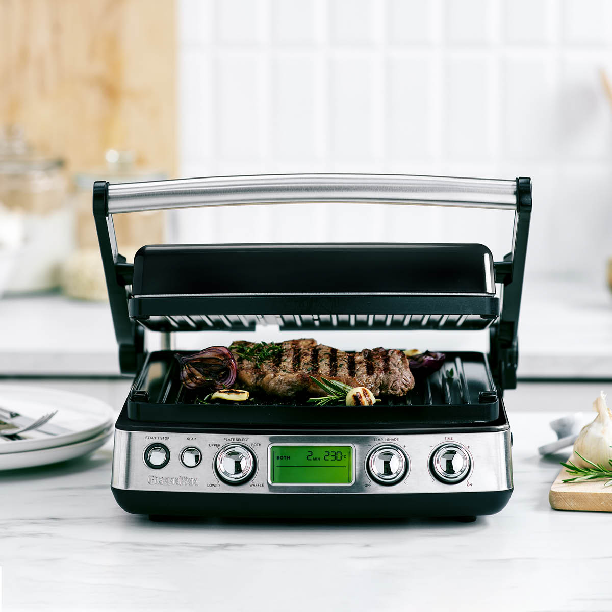 GreenPan Elite kontaktgrill med vaffelplate blank svart