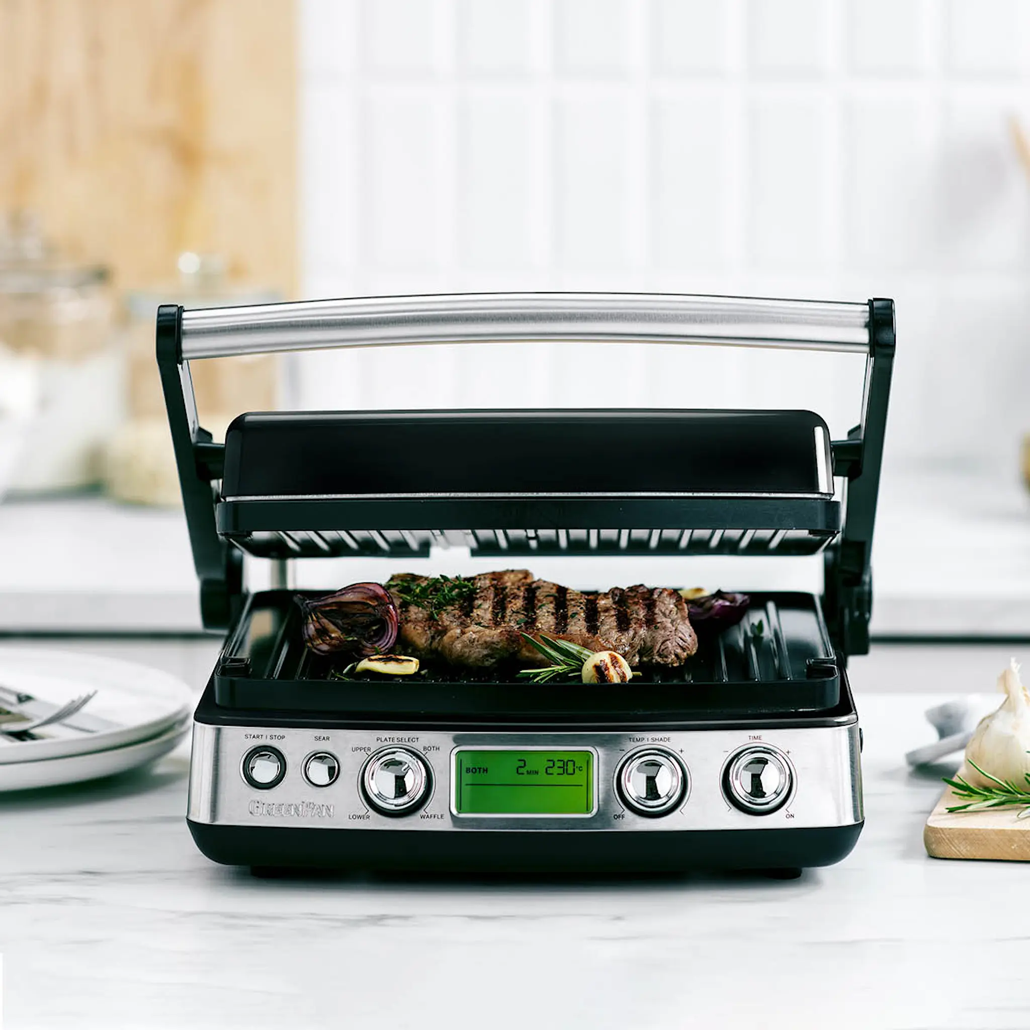 GreenPan Elite kontaktgrill med vaffelplate blank svart