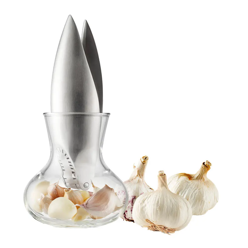 Valkosipulipuristin lasisäiliöllä