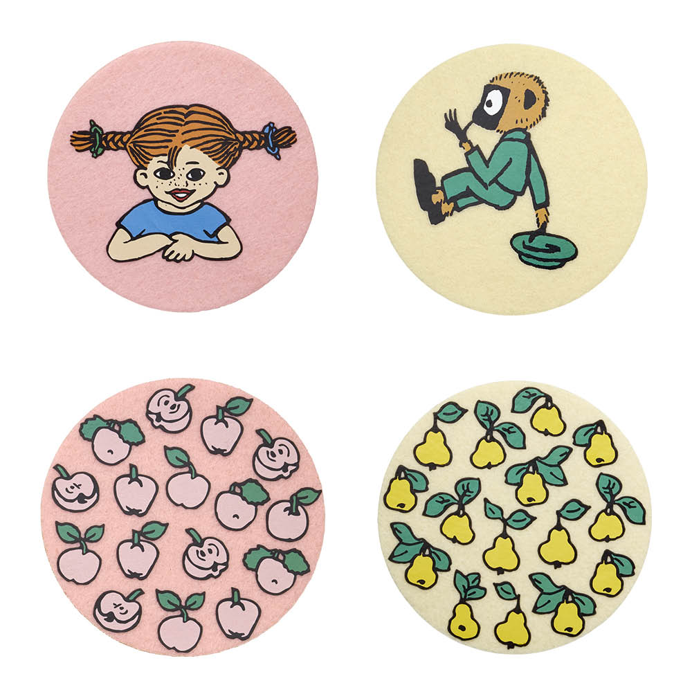 Muurla Pippi glasunderlägg Frukter 4-pack rosa/gul