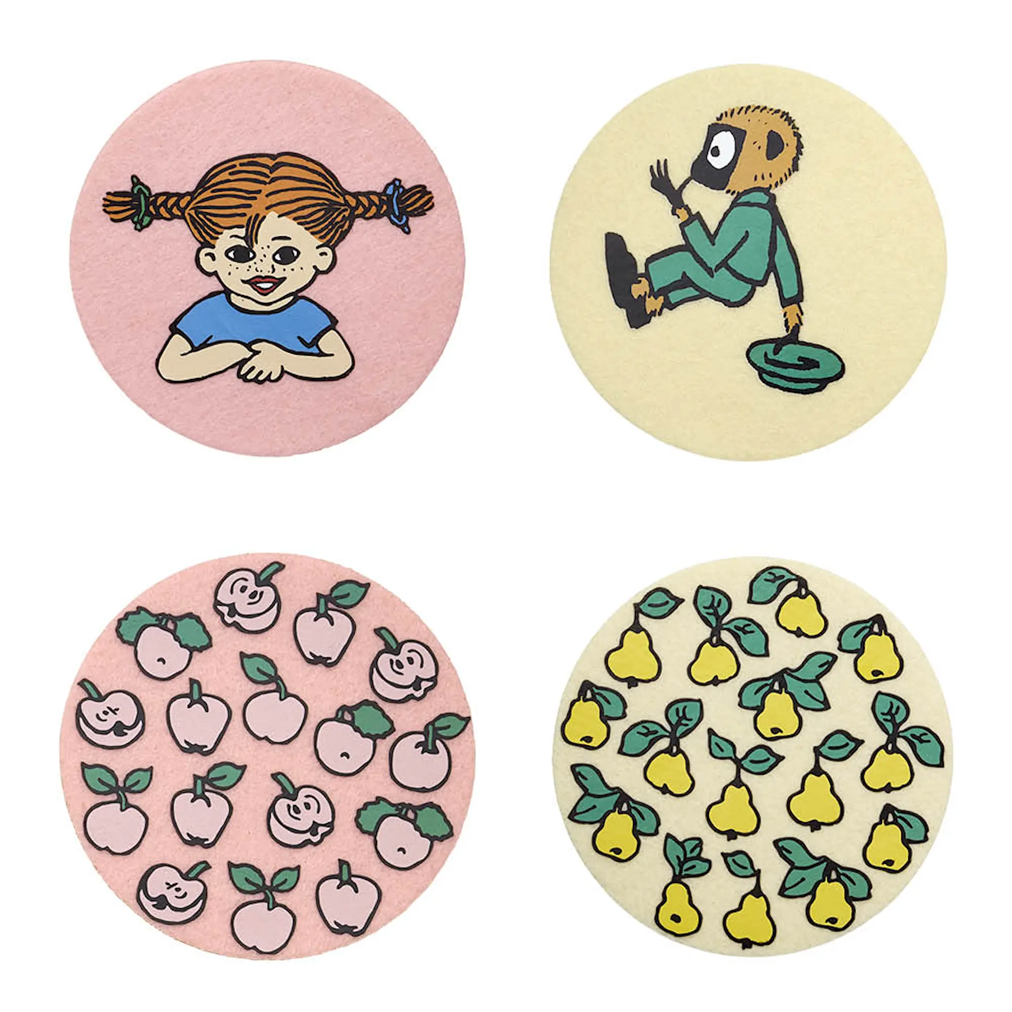 Muurla Pippi glasunderlägg Frukter 4-pack rosa/gul