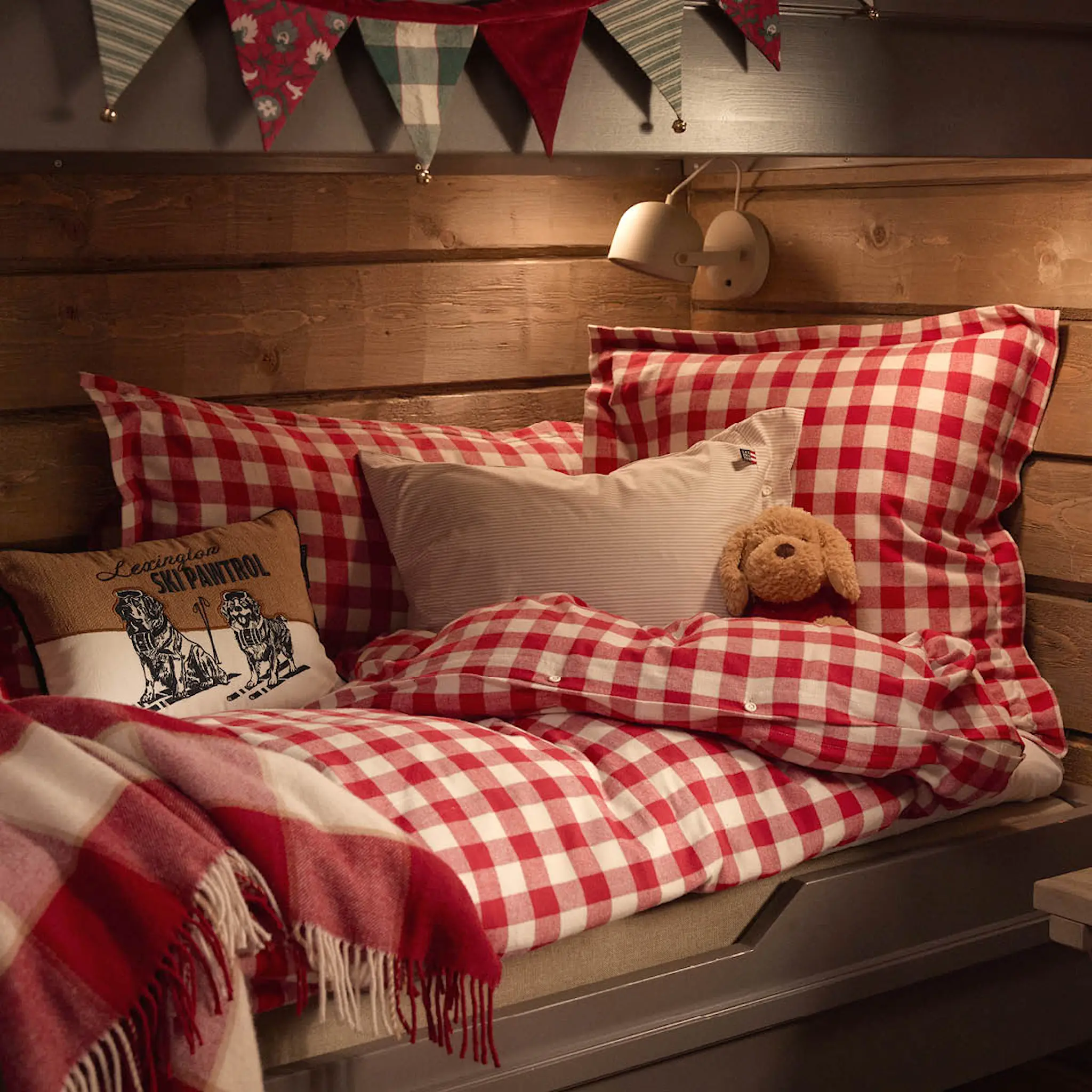 Lexington Påslakanset flanell 220x220 cm rutig röd/ljusbeige