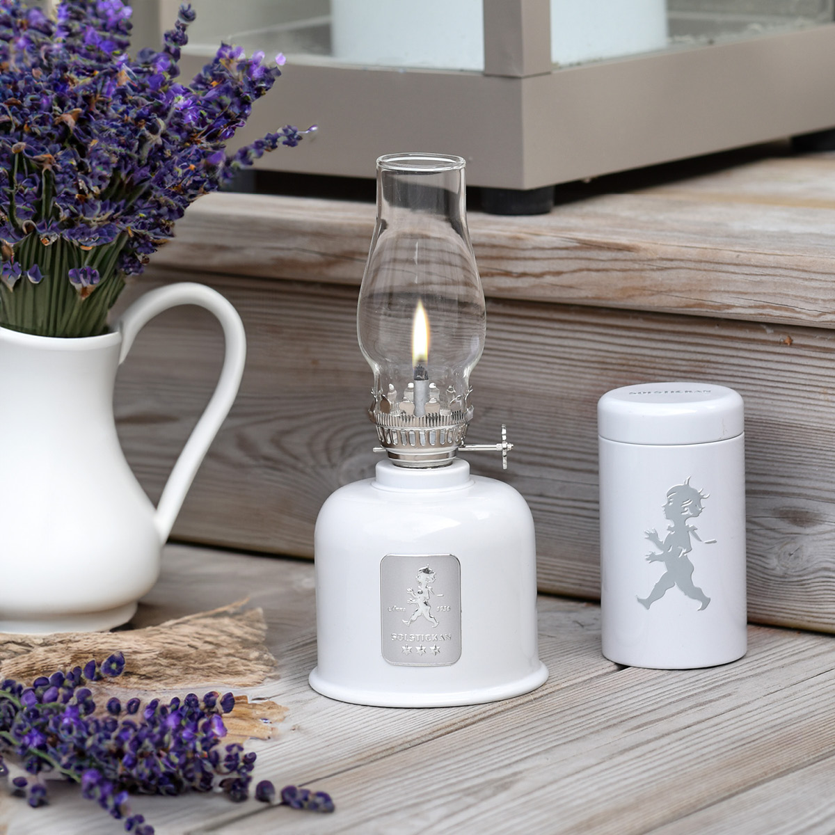 SOLSTICKAN Oljelampe 20 cm hvit/sølv