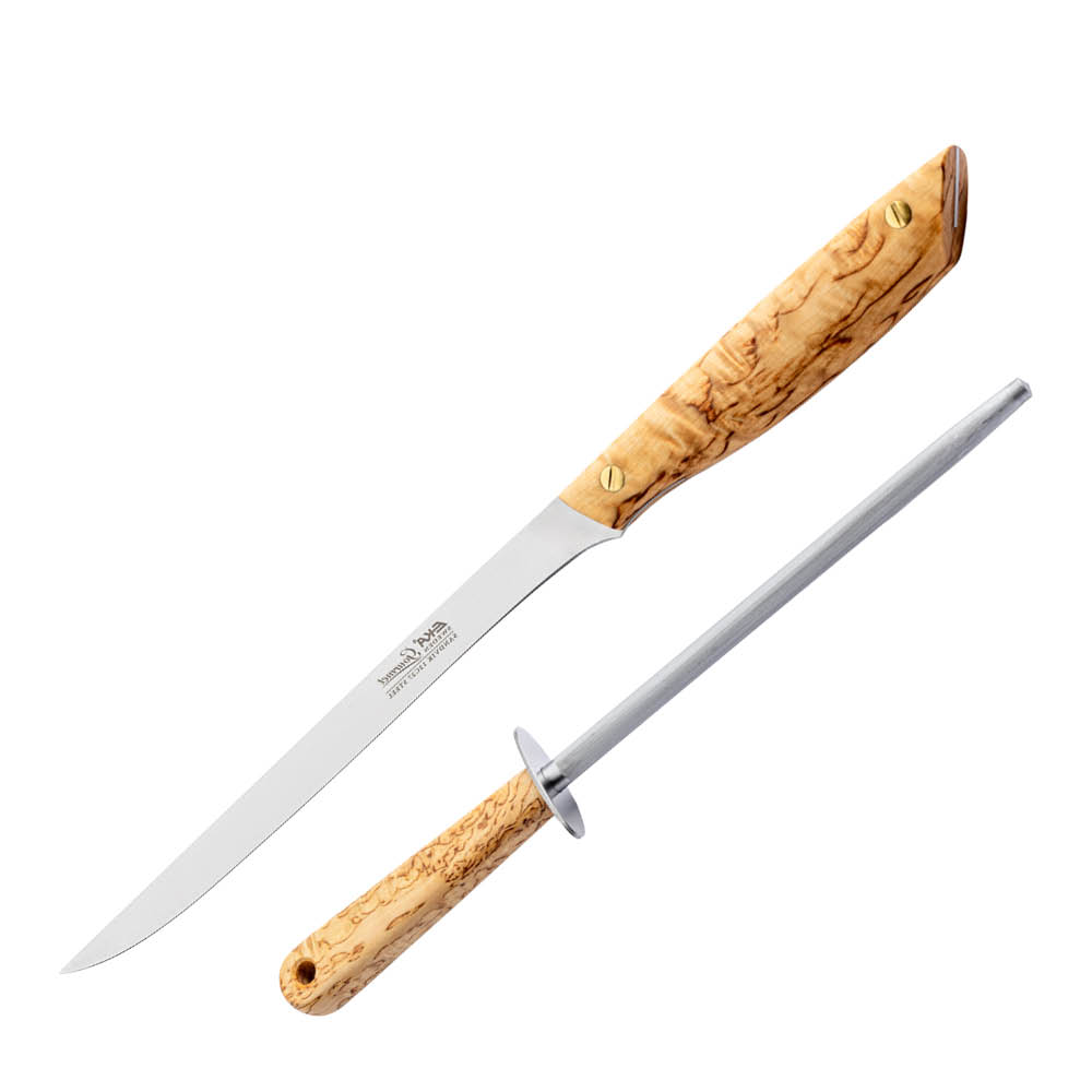 EKA - Gourmet Fileerausveitsi 20 cm + Teroituspuikko 20 cm Visakoivu/Ruostumaton teräs