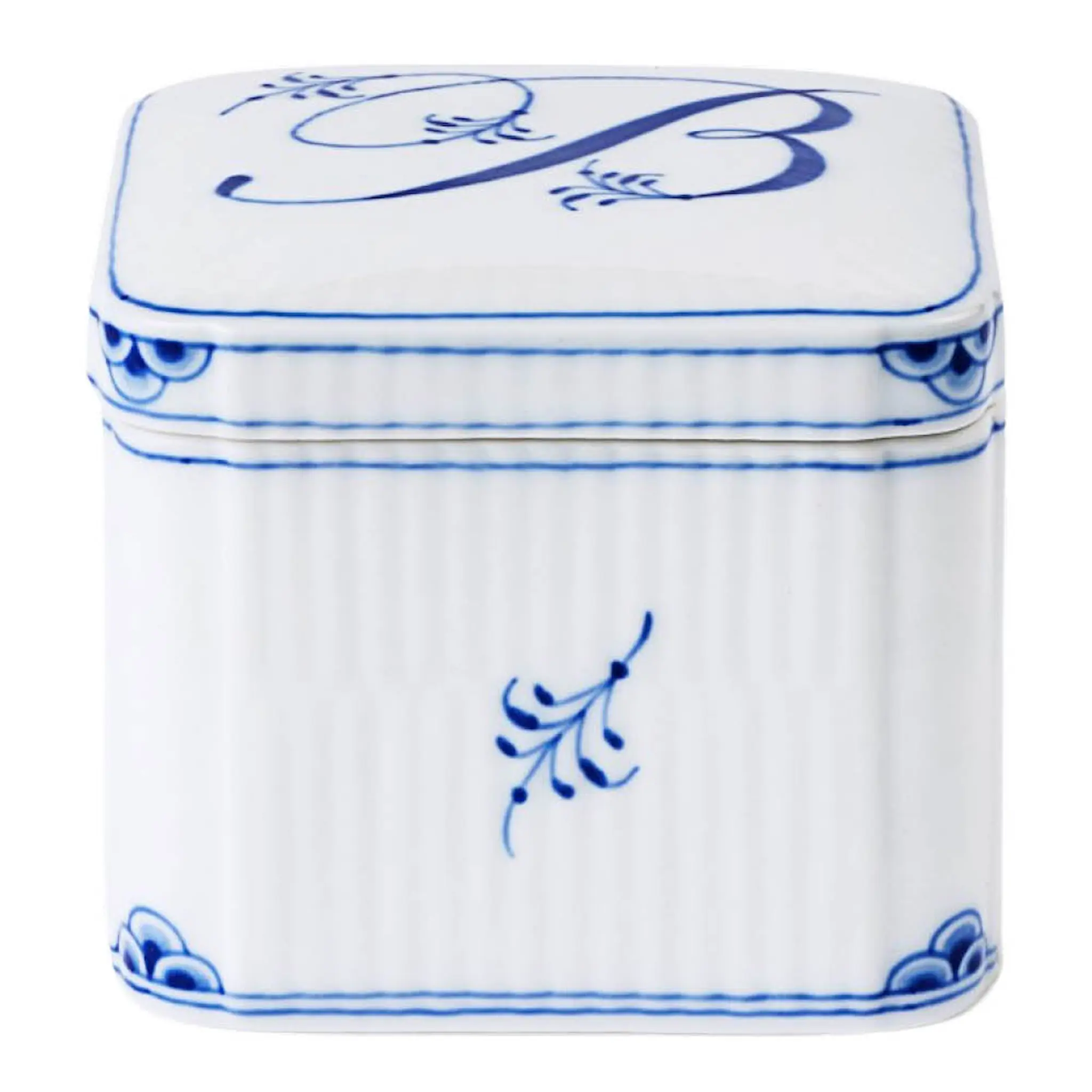 Royal Copenhagen Alphabet Collection firkantet bonbonniere B 13 cl blå/hvit