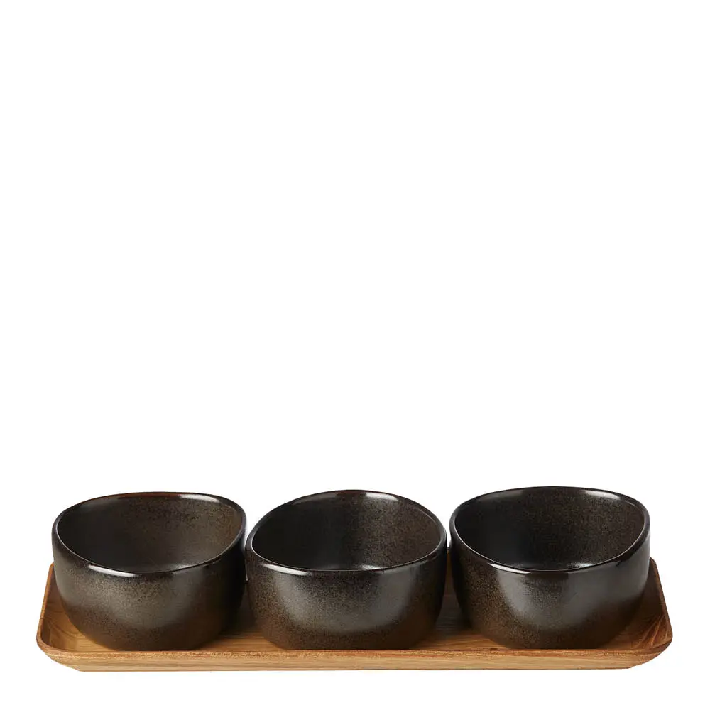 Raw organic skål på teaktrebrett 4 deler metallic brown